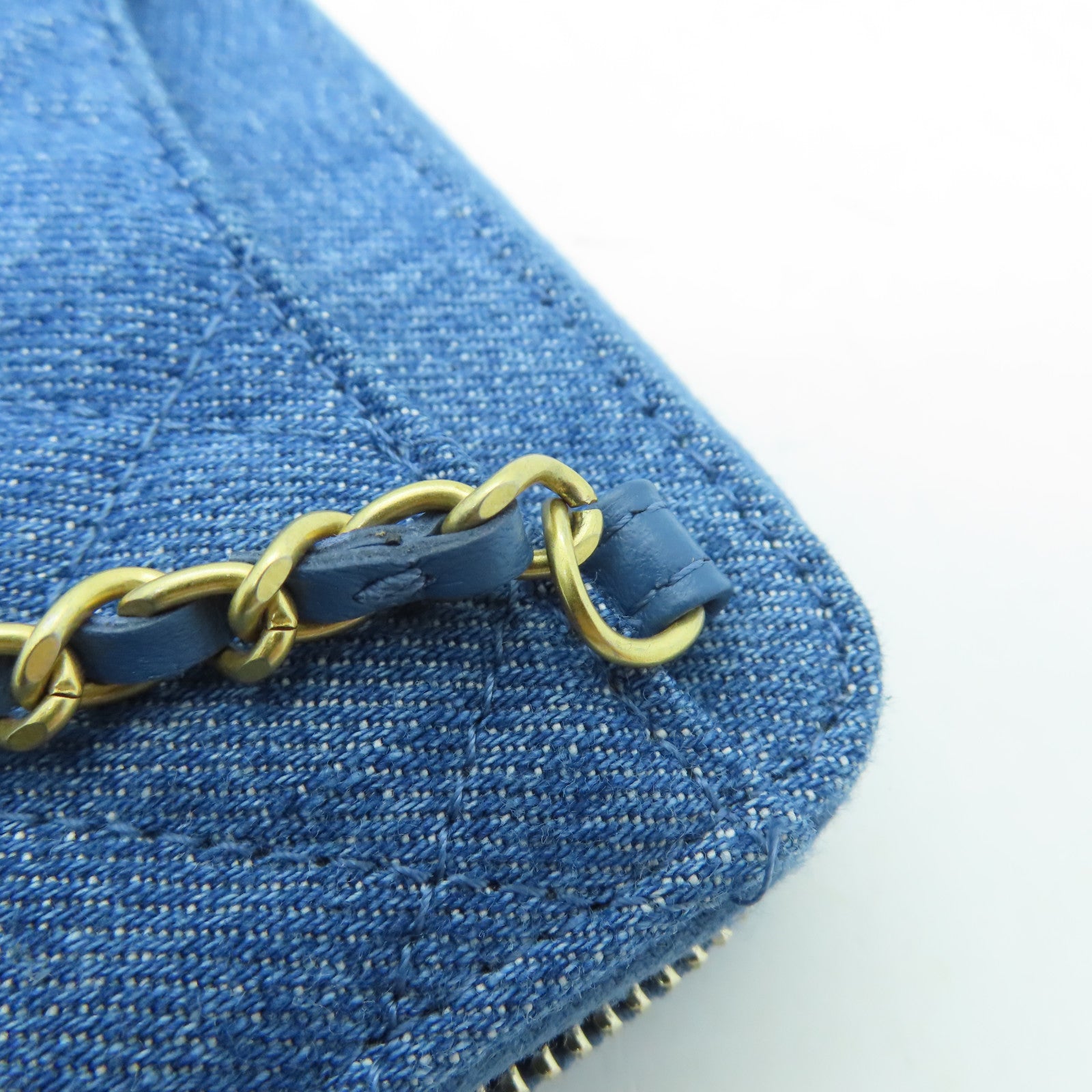 CHANEL 【激減優惠】菱格帆布Chain Shoulder Card Case金扣卡片套藍色