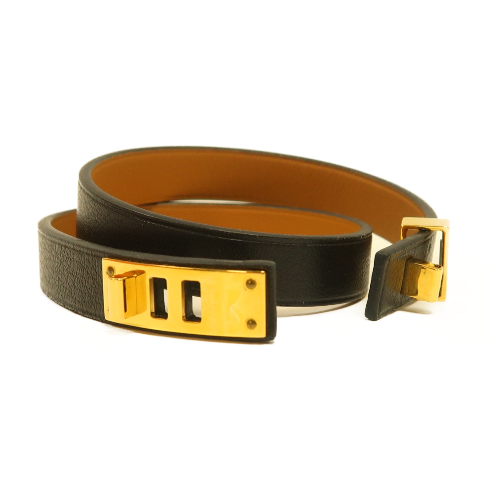 HERMES Evercolour皮革Mini Dog Bracelet金扣手鐲黑色