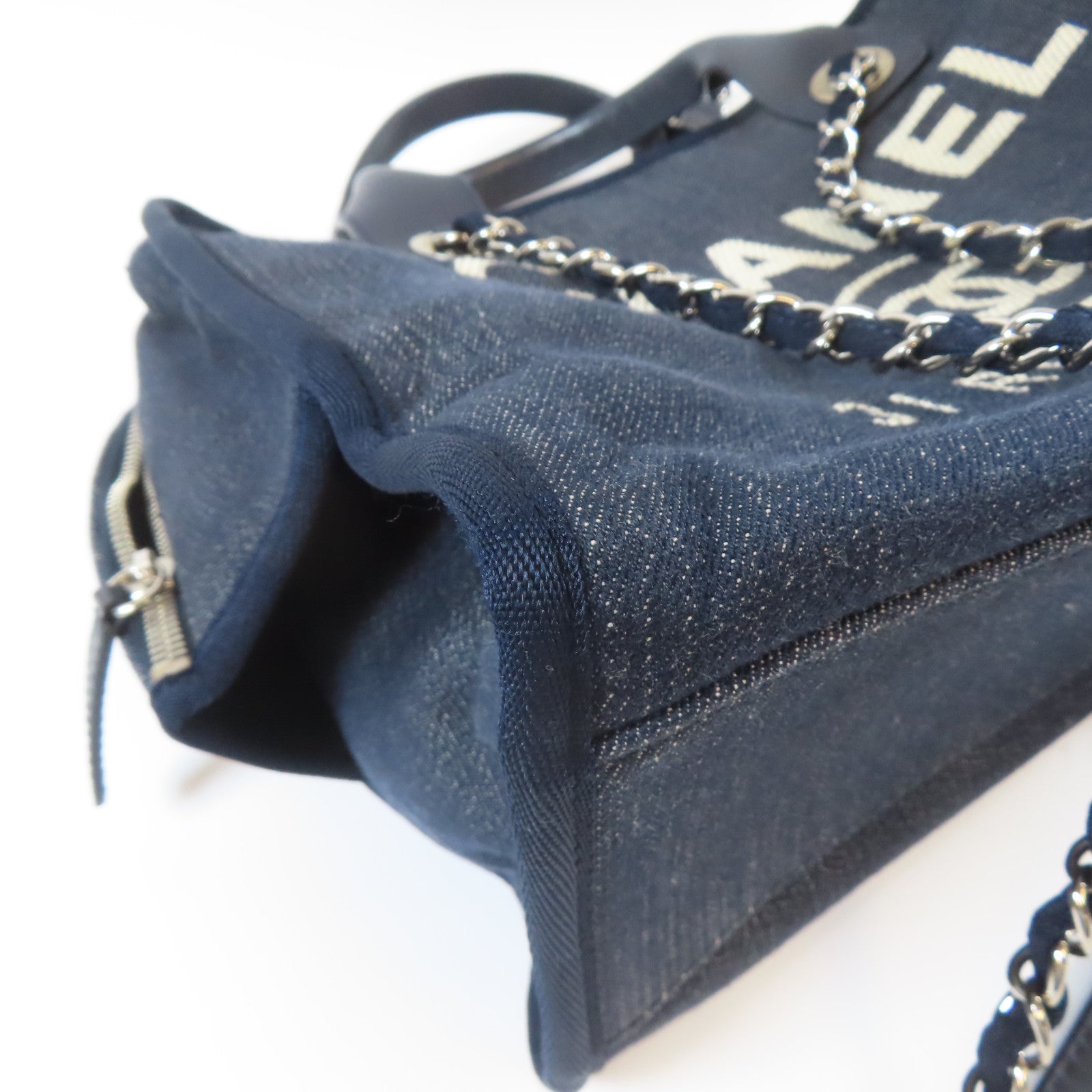 CHANEL 帆布Deauville Chain Tote Medium銀扣手挽肩背兩用袋藍色