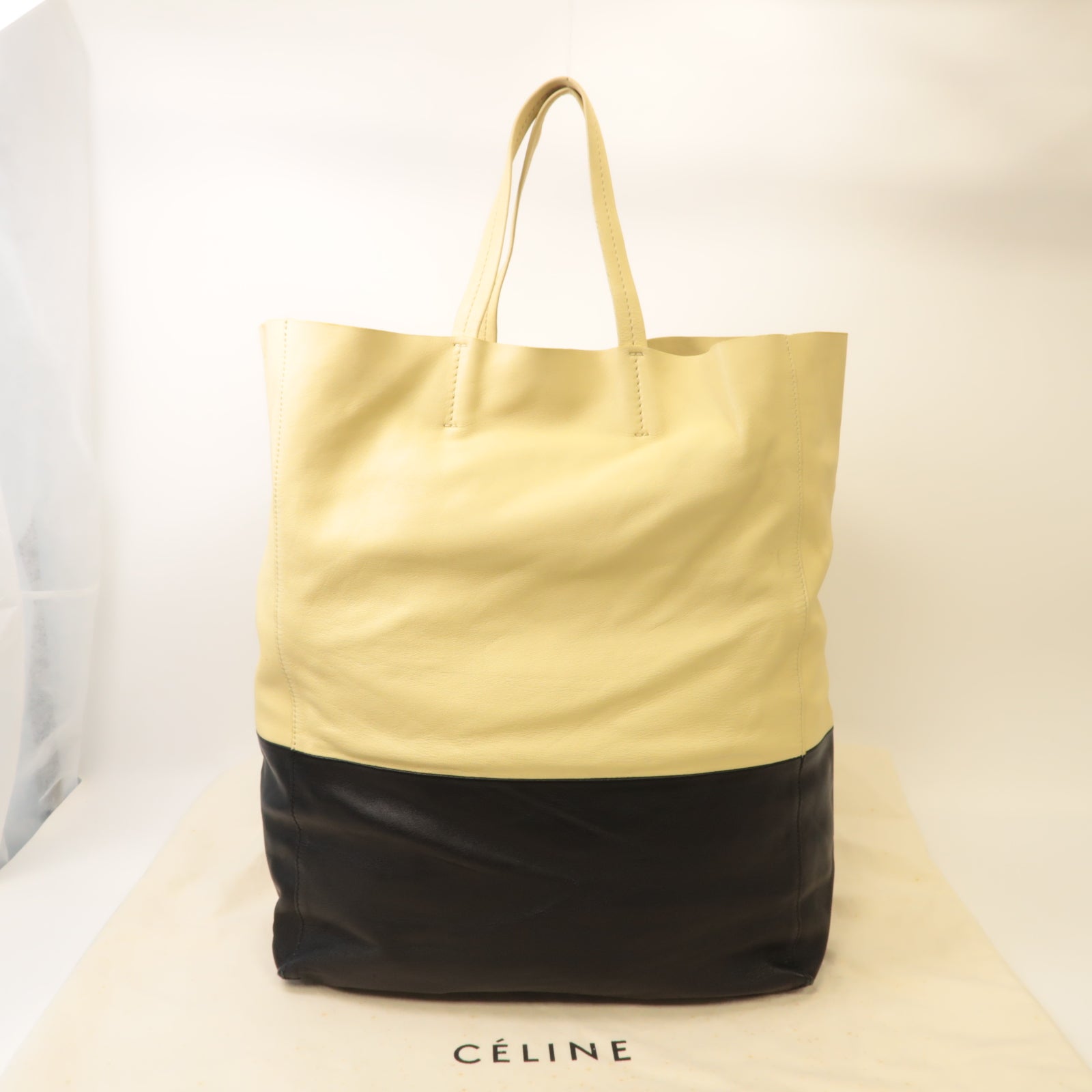 CELINE 【激減優惠】牛皮皮革Tote Bag金扣手挽袋淺黃色/黑色