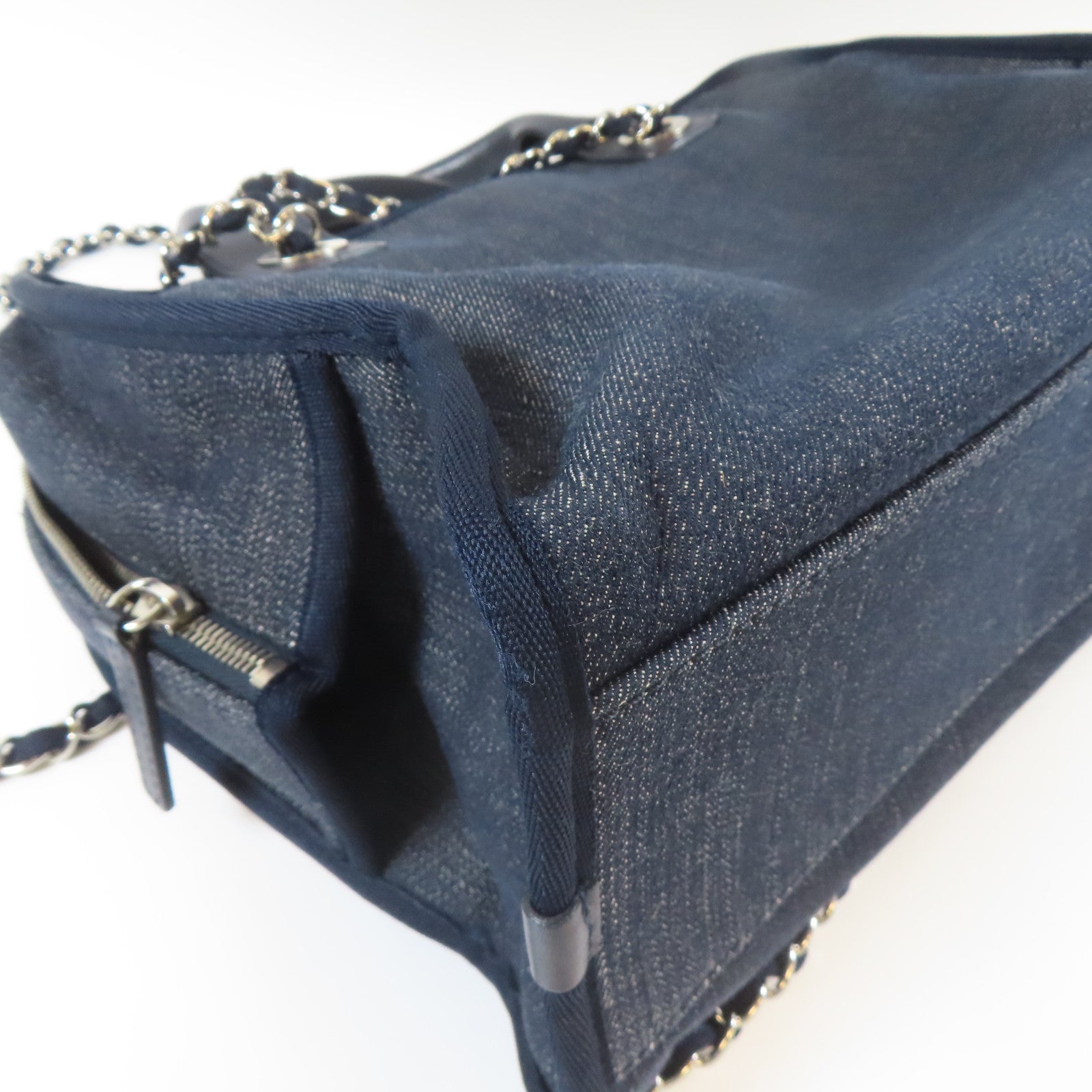 CHANEL 帆布Deauville Chain Tote Medium銀扣手挽肩背兩用袋藍色