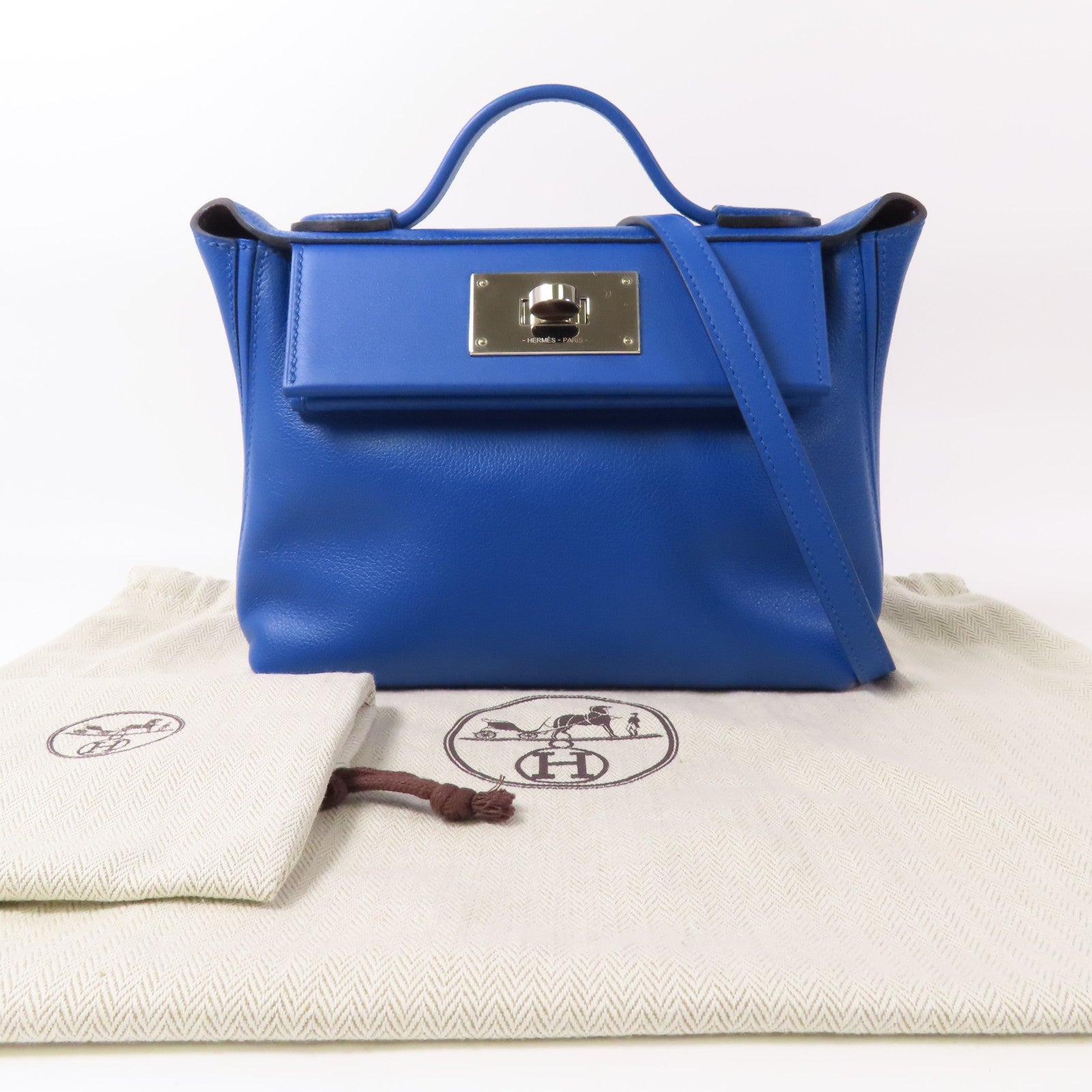 HERMES Evercolor皮革24/24 Mini銀扣肩背袋Bleu France