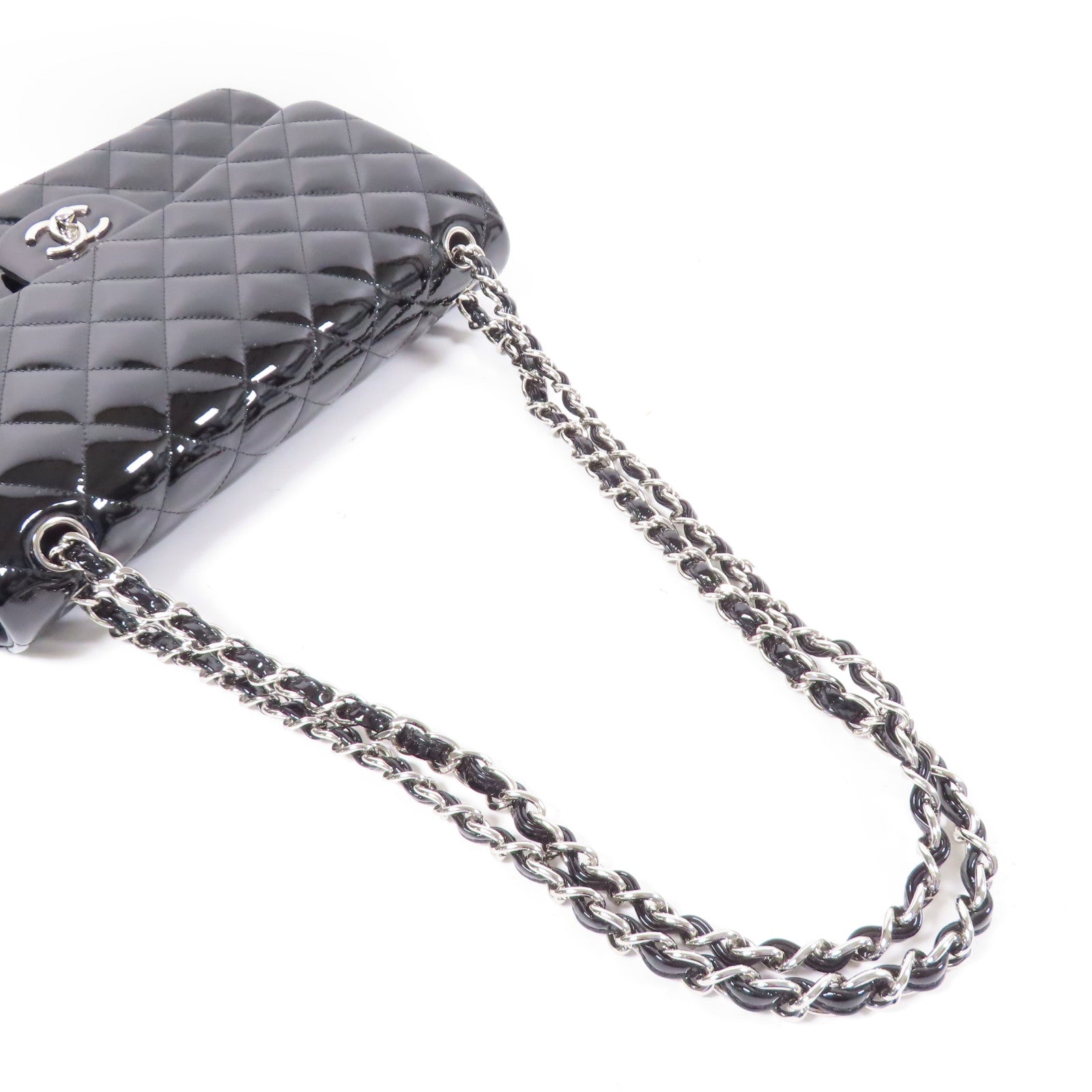 CHANEL 漆皮皮革Large Classic銀扣肩背袋
