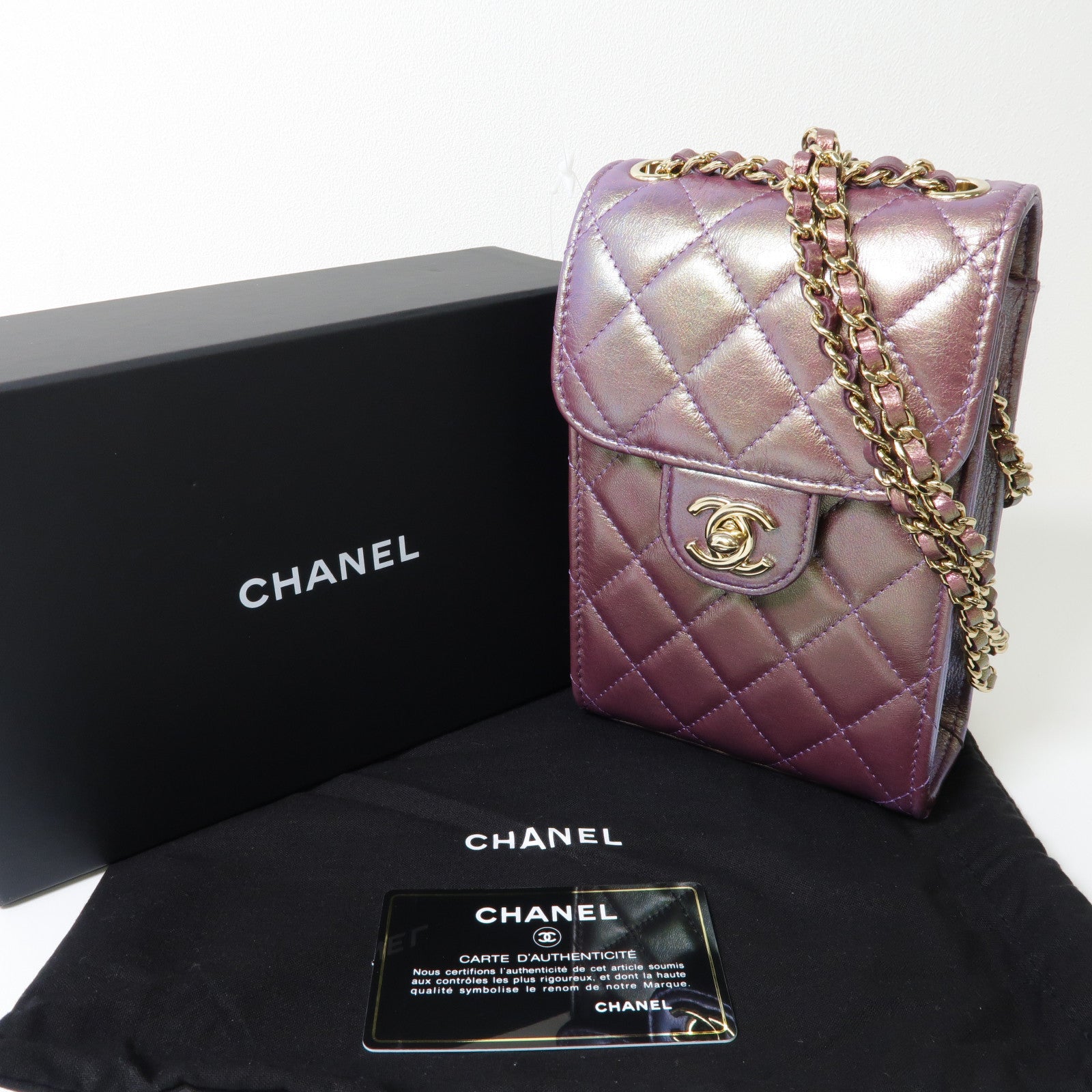 CHANEL 菱格羊皮皮革Chain Shoulder金扣鏈帶肩背袋紫色