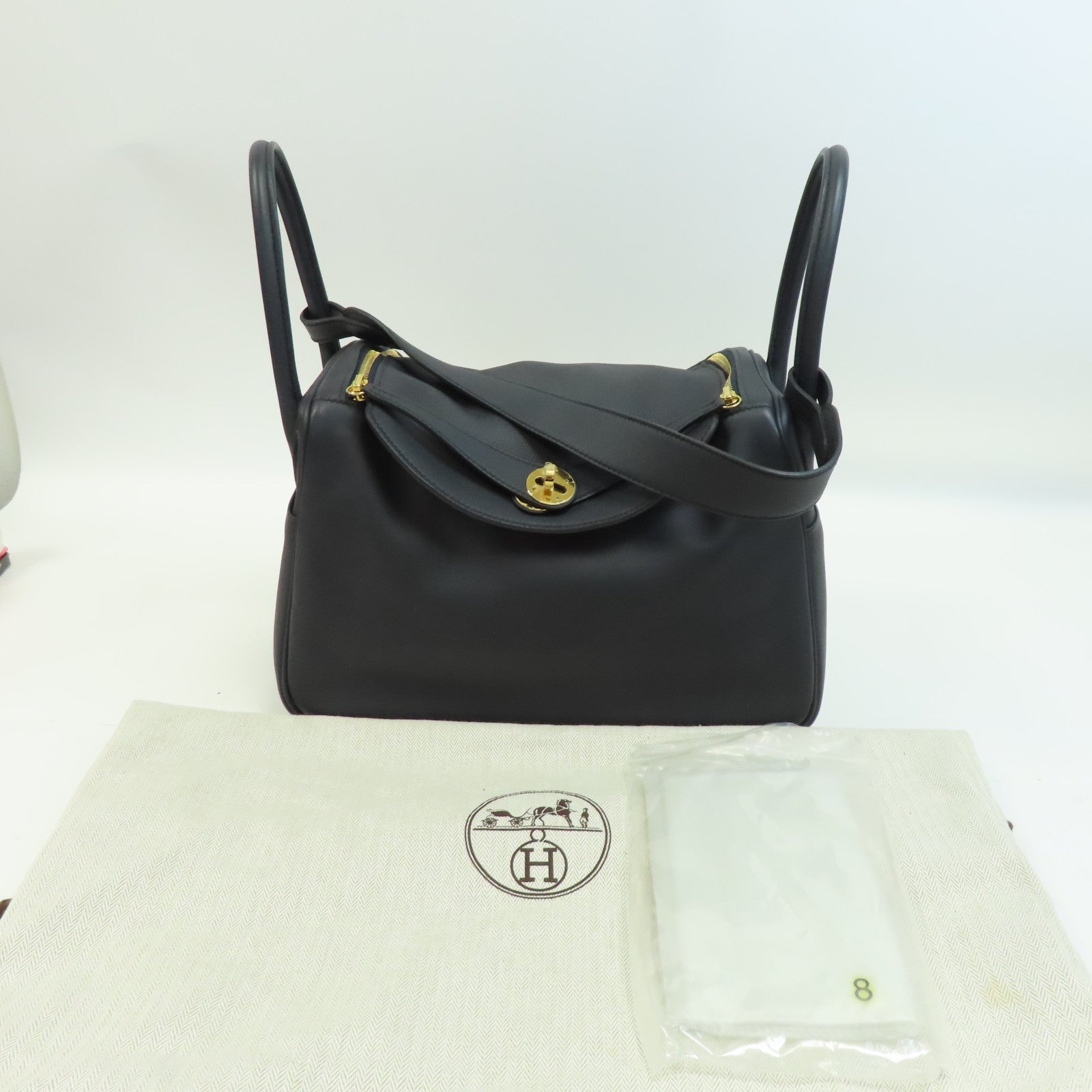 HERMES Swift皮革Lindy 30金扣手挽肩背兩用袋深藍色