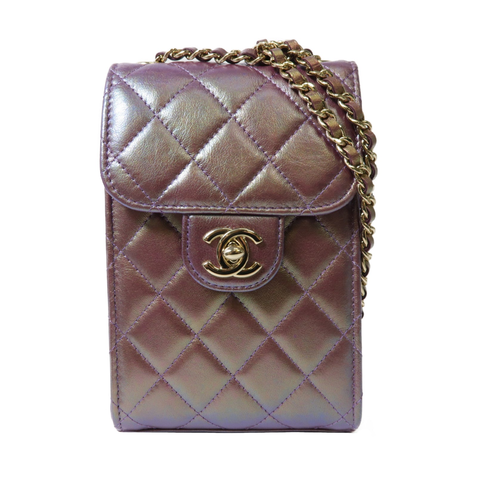 CHANEL 菱格羊皮皮革Chain Shoulder金扣鏈帶肩背袋紫色