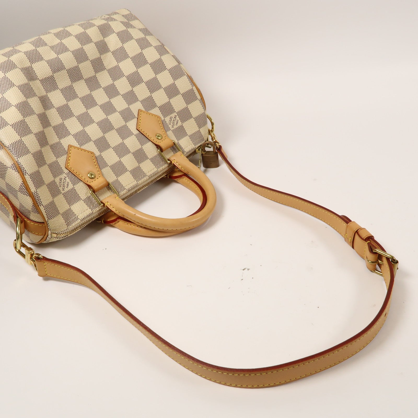 LOUIS VUITTON Damier Azur Speedy Bandoulière 25金扣手挽肩背兩用袋白色