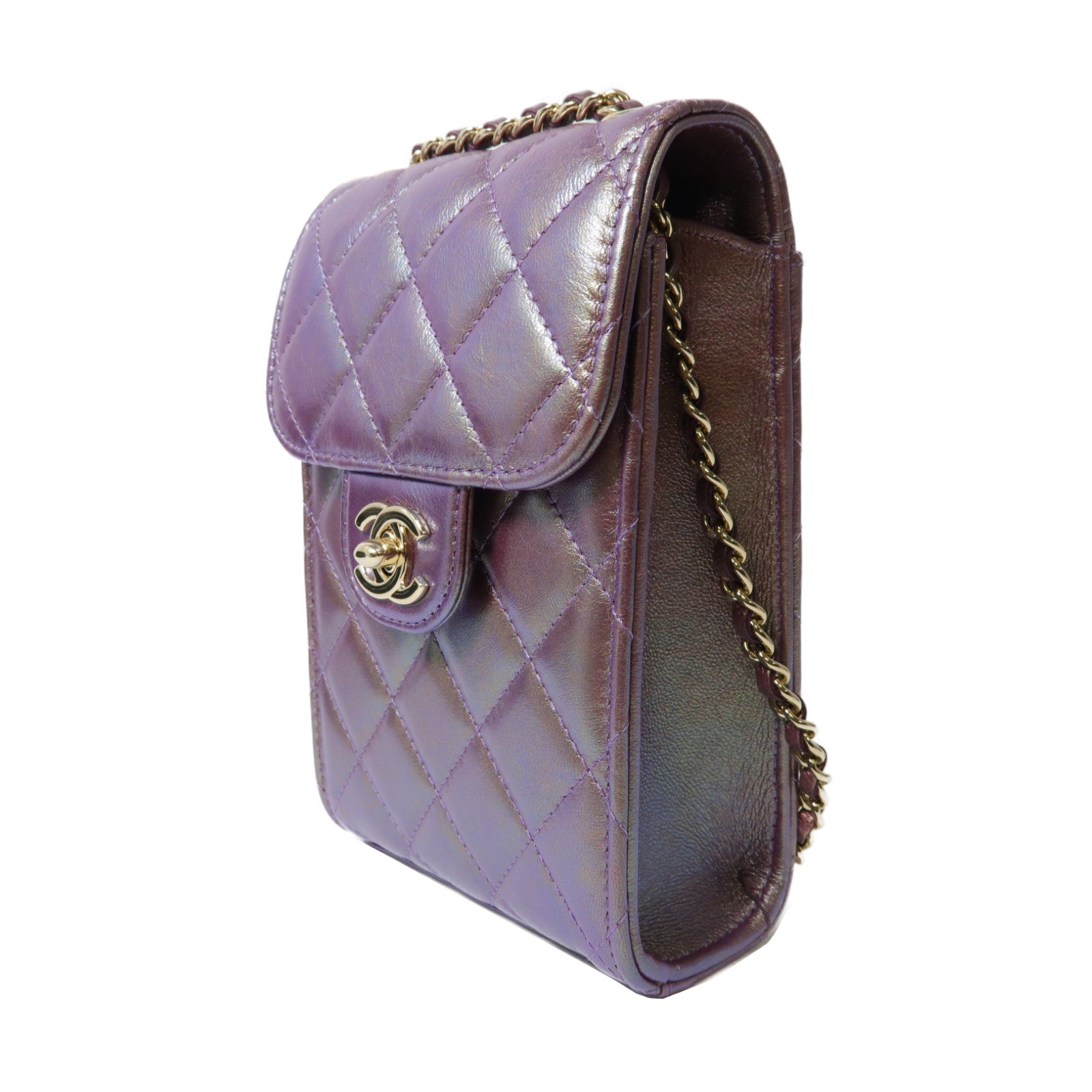 CHANEL 菱格羊皮皮革Chain Shoulder金扣鏈帶肩背袋紫色