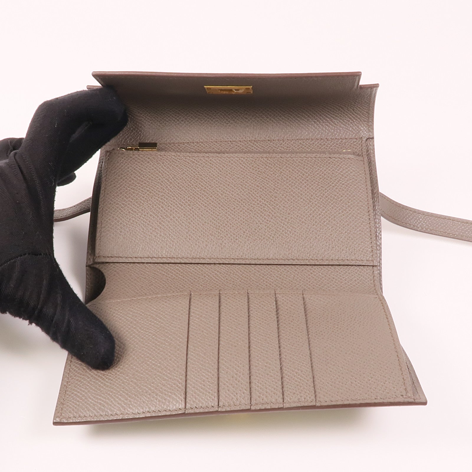 HERMES Epsom皮革Kelly Wallet金扣長錢包Etain