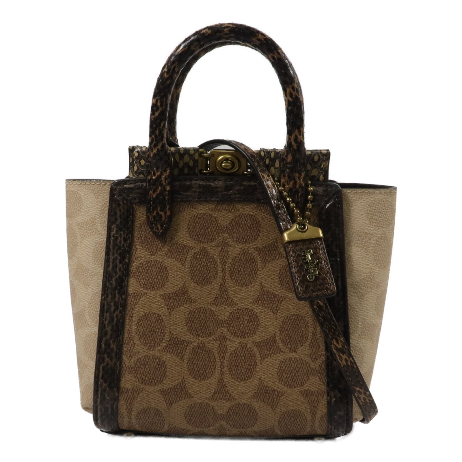 COACH 塗層帆布/蛇皮皮革Troupe Tote 16手挽肩背兩用袋