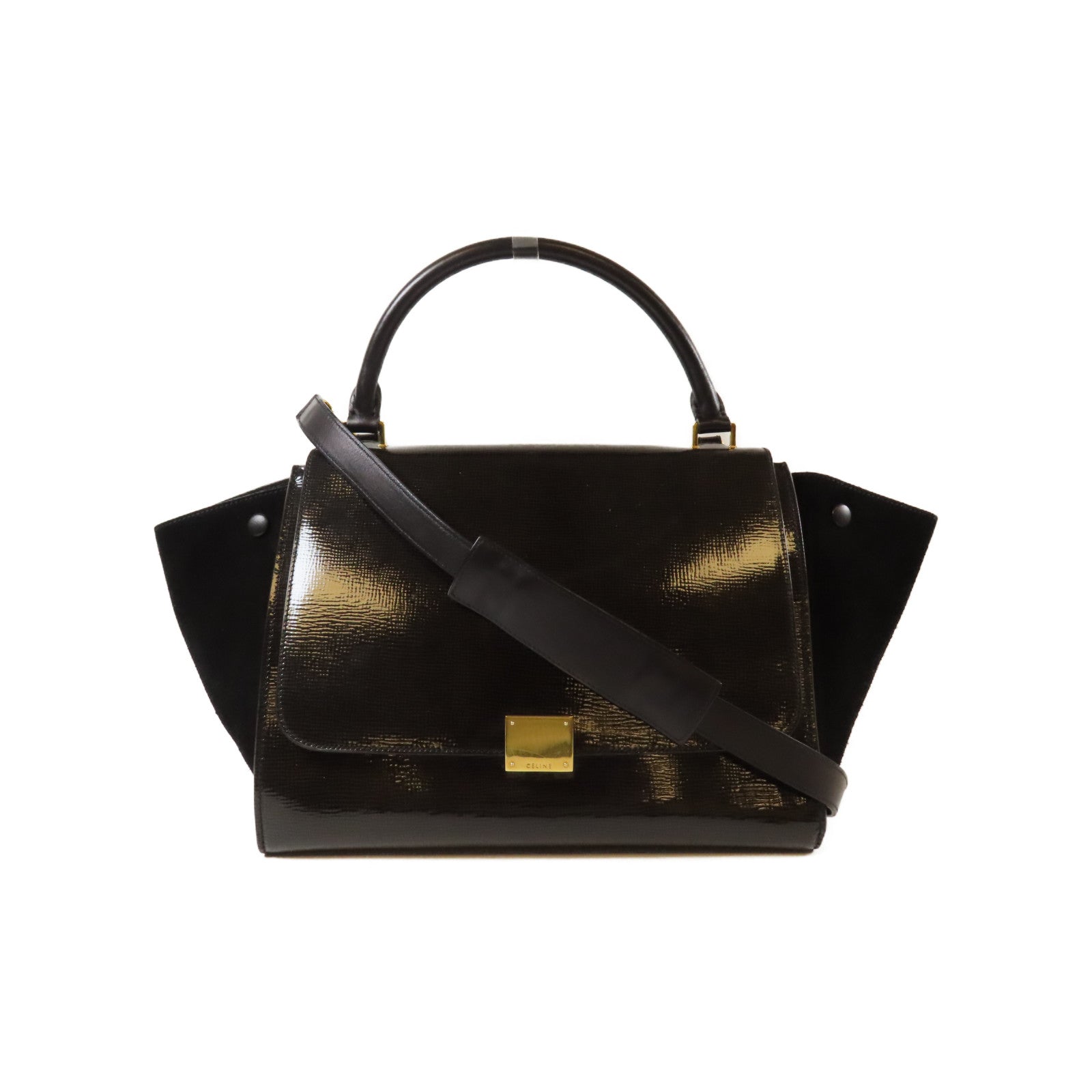 CELINE 【激減優惠】漆皮皮革Trapeze金扣手挽肩背兩用袋黑色
