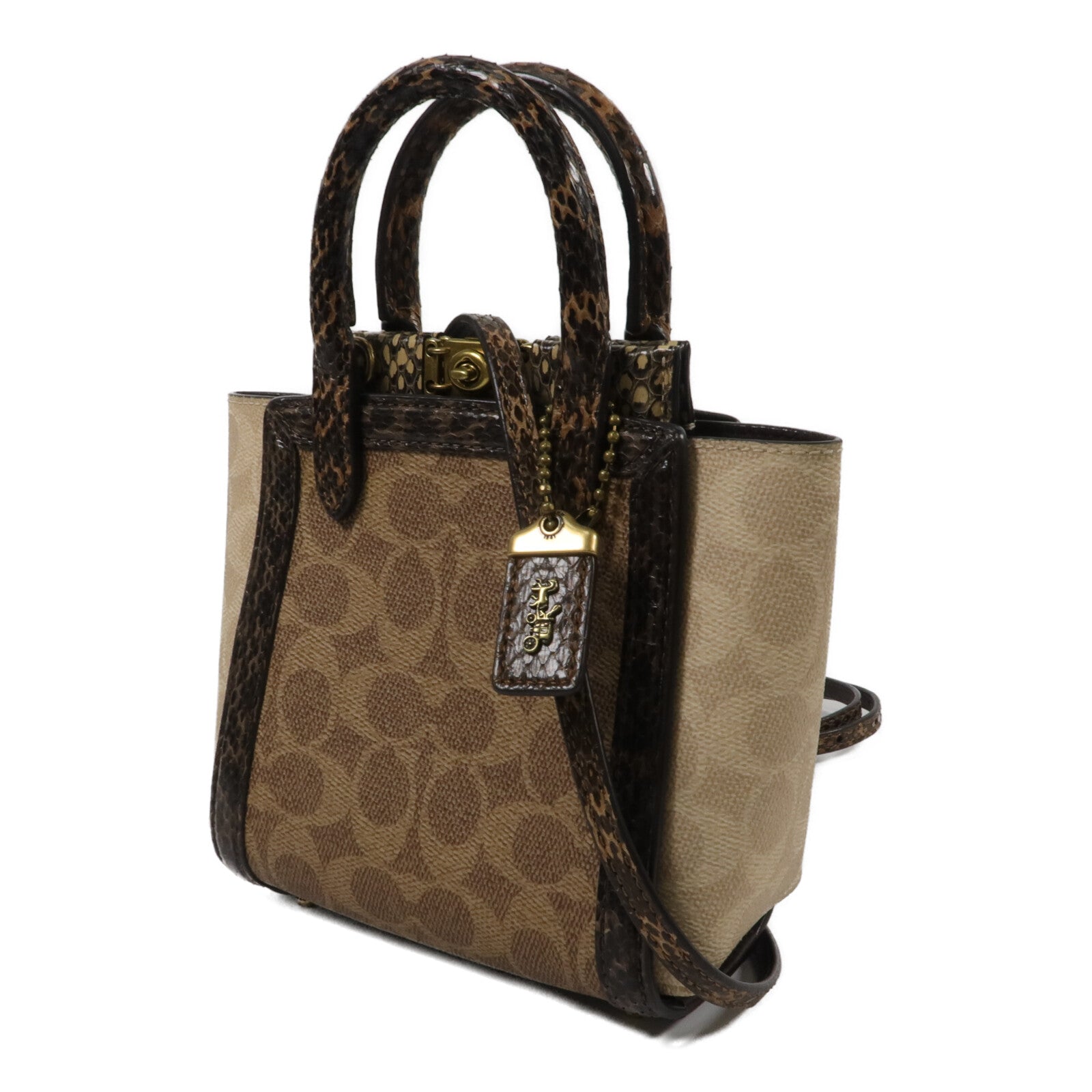 COACH 塗層帆布/蛇皮皮革Troupe Tote 16手挽肩背兩用袋