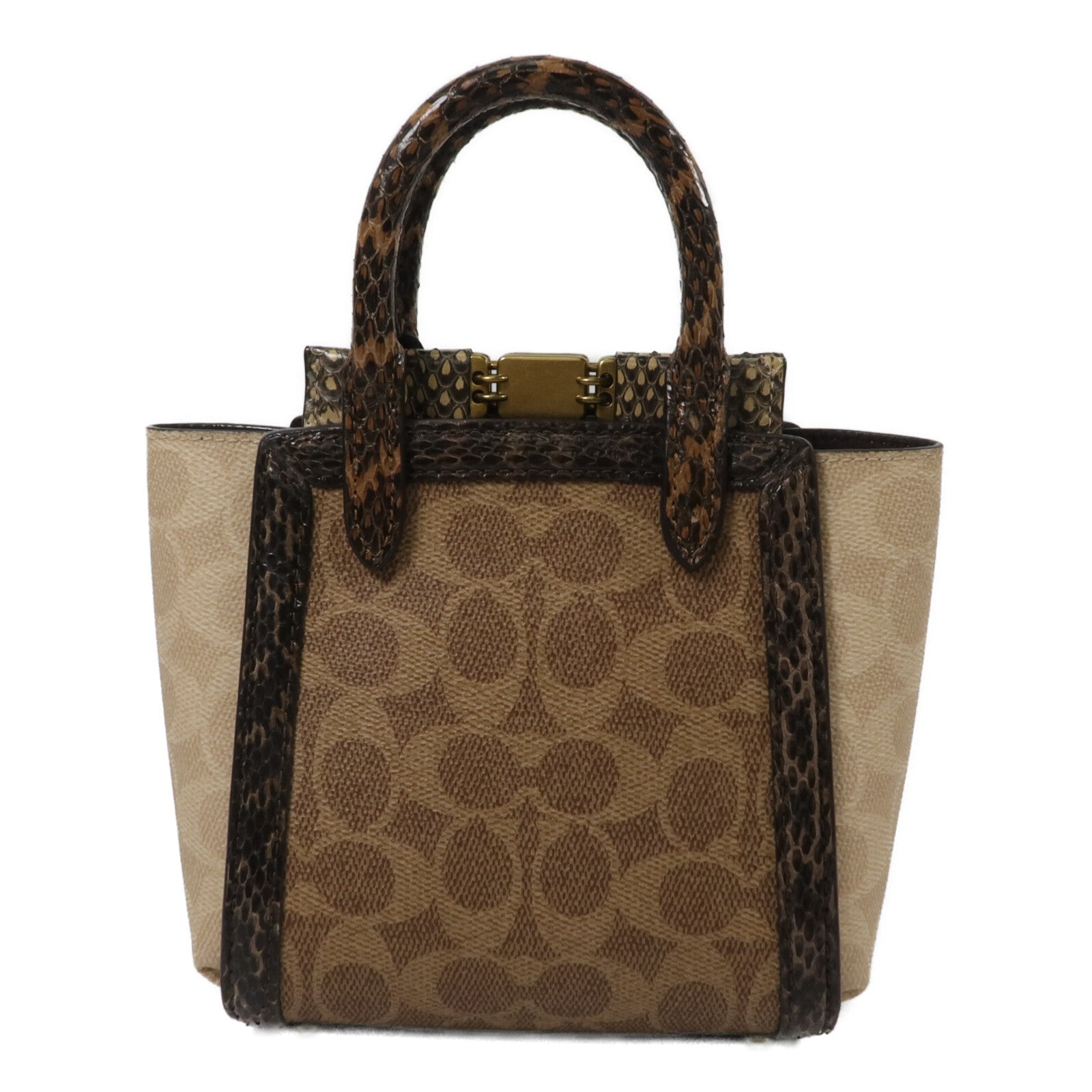 COACH 塗層帆布/蛇皮皮革Troupe Tote 16手挽肩背兩用袋