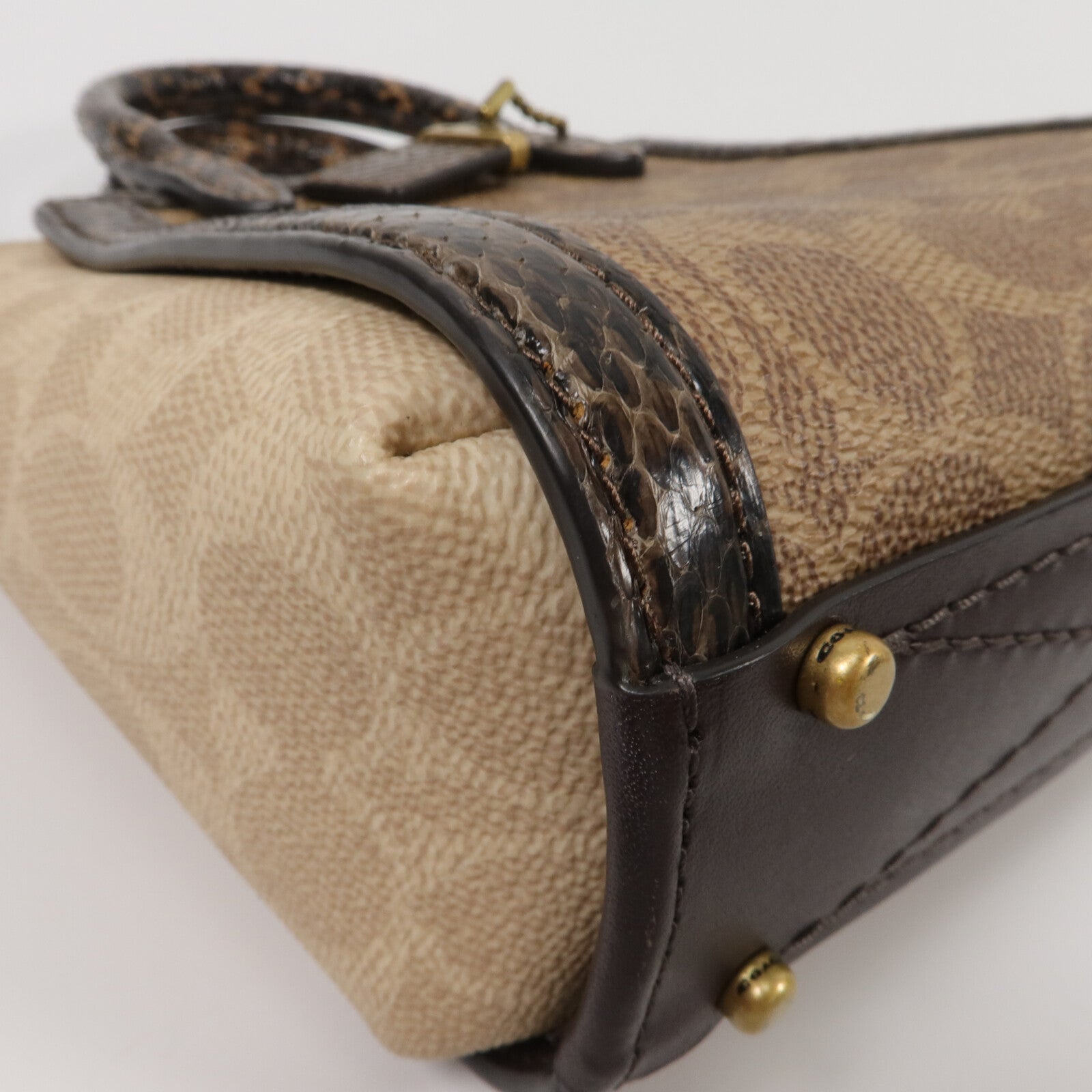 COACH 塗層帆布/蛇皮皮革Troupe Tote 16手挽肩背兩用袋