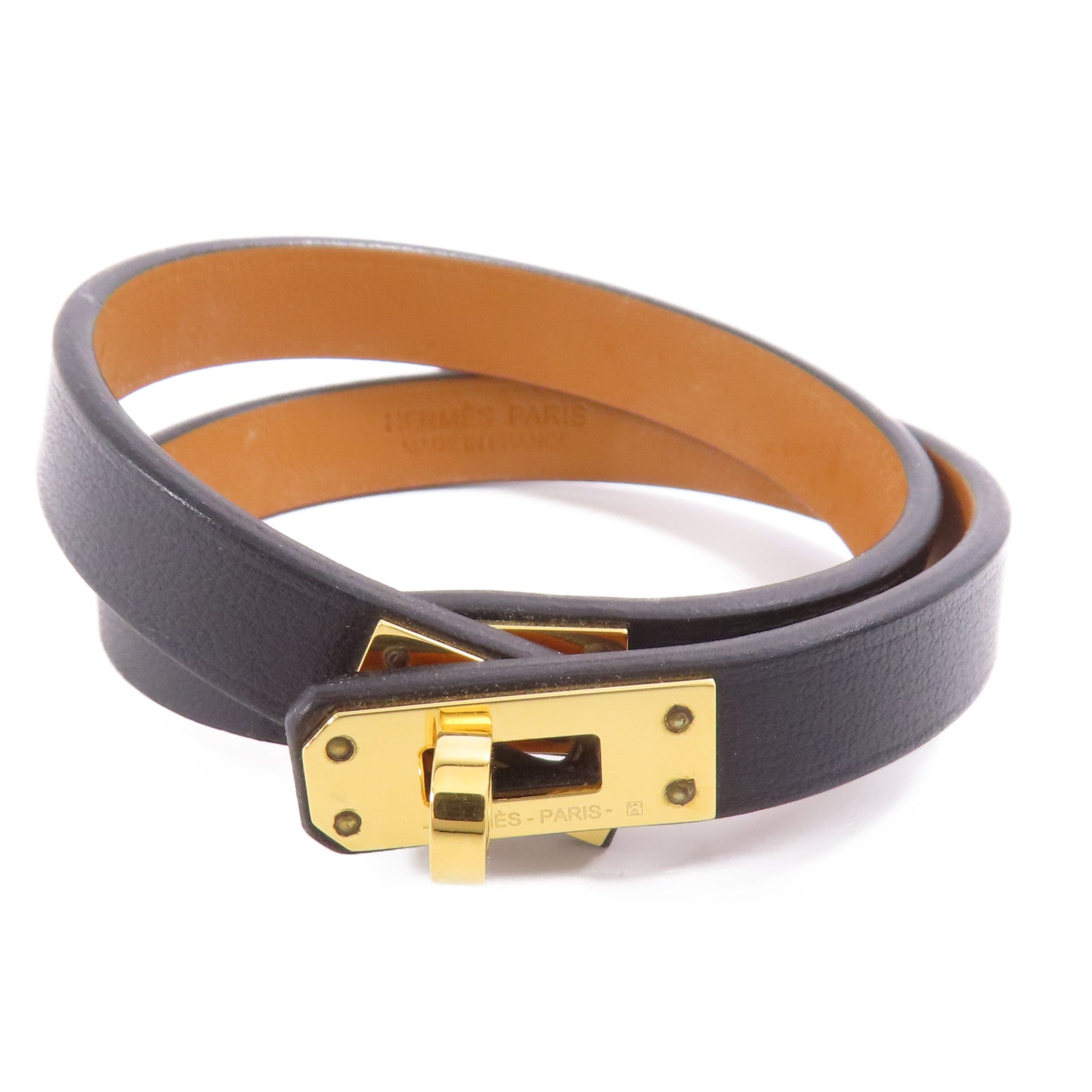 HERMES GHW Mini Kelly Double Tour Bracelet Calfskin Leather Black Noir