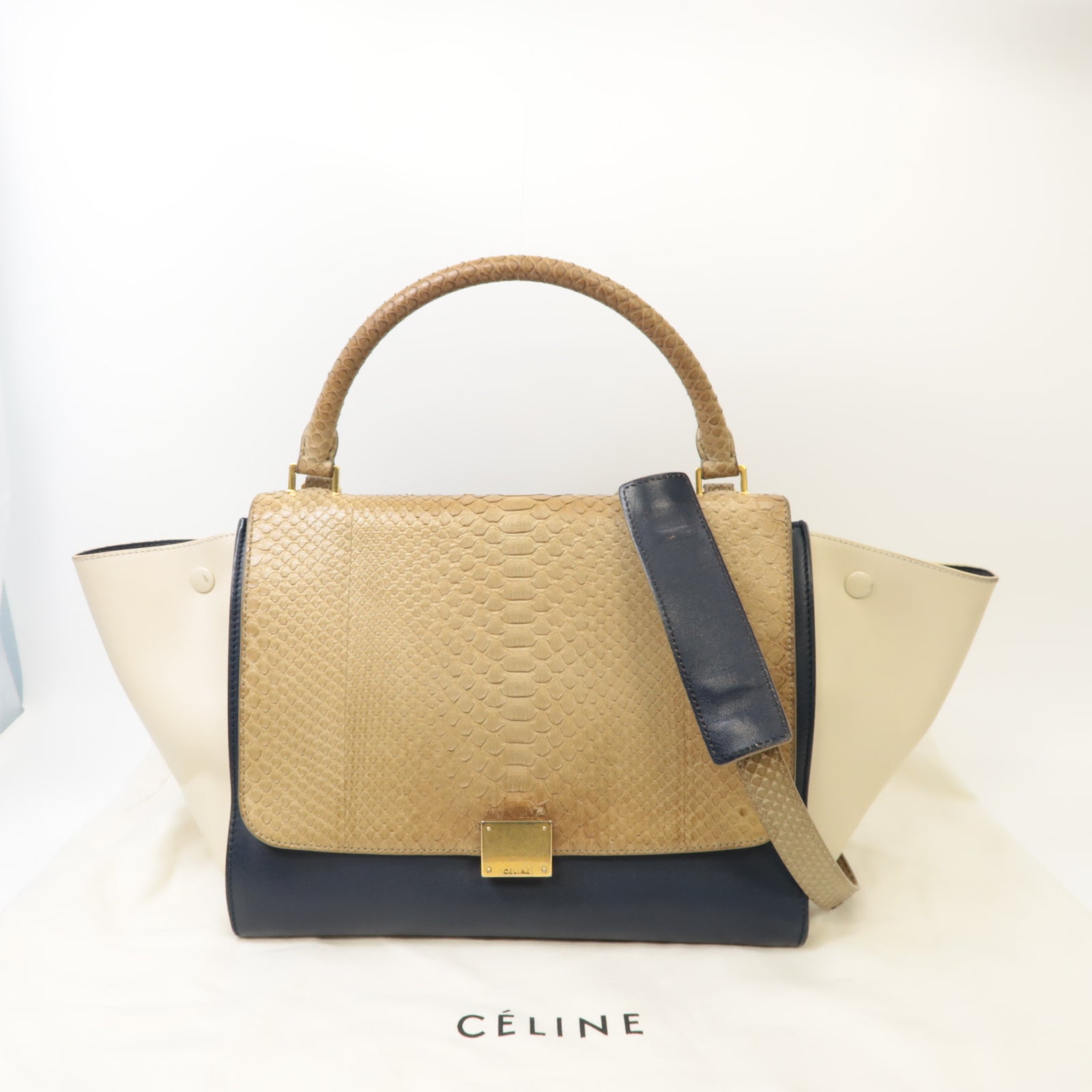 CELINE 【激減優惠】牛皮皮革/蛇皮皮革Trapeze 2 Way Shoulder金扣手挽肩背兩用袋深藍色/白色/淺啡色