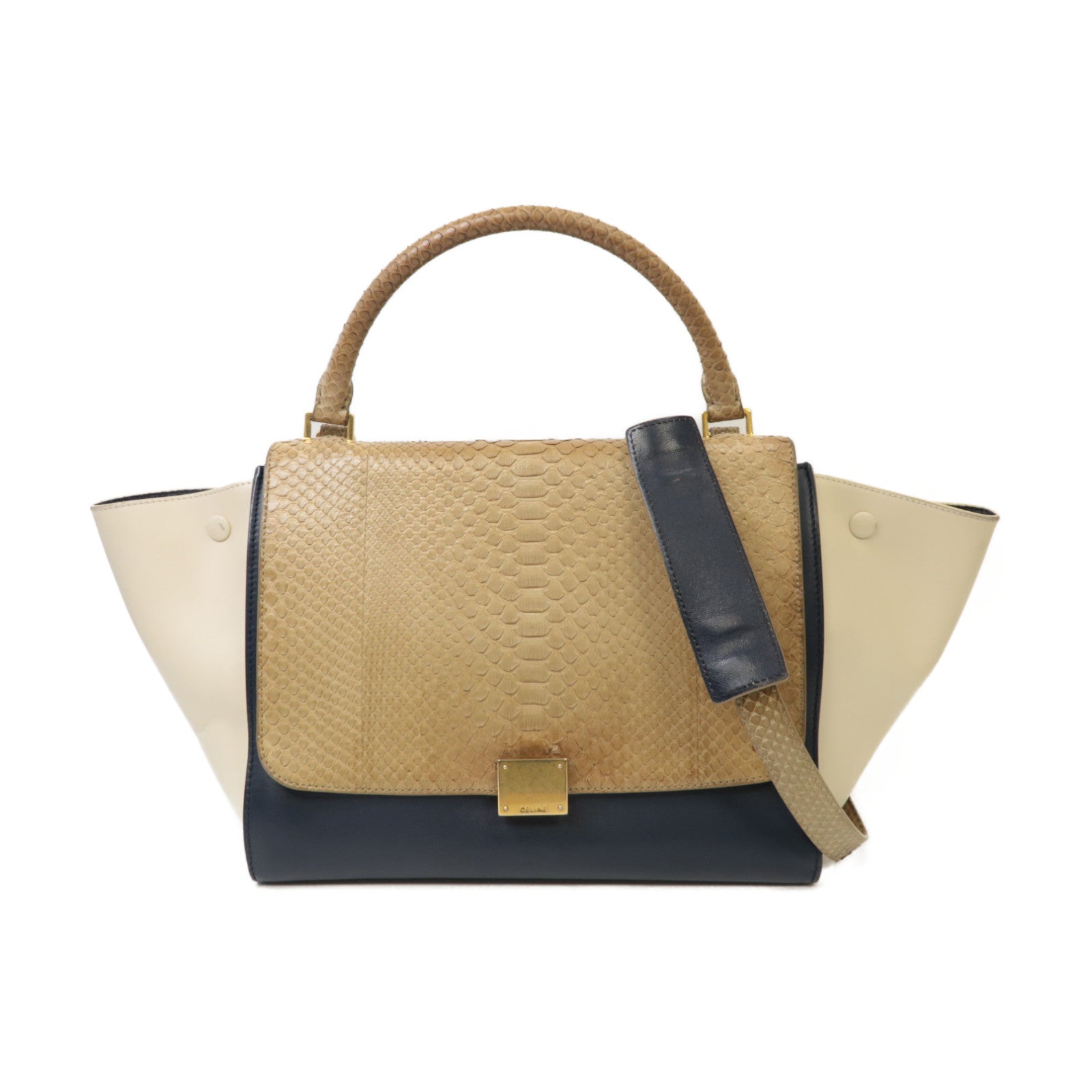 CELINE 【激減優惠】牛皮皮革/蛇皮皮革Trapeze 2 Way Shoulder金扣手挽肩背兩用袋深藍色/白色/淺啡色