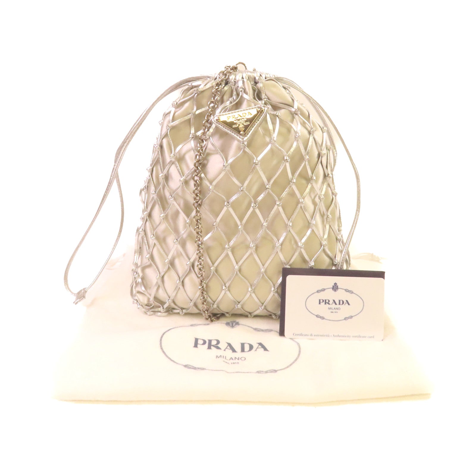 PRADA 緞製/網格Mesh Chain Shoulder Bag鏈帶肩背袋銀色