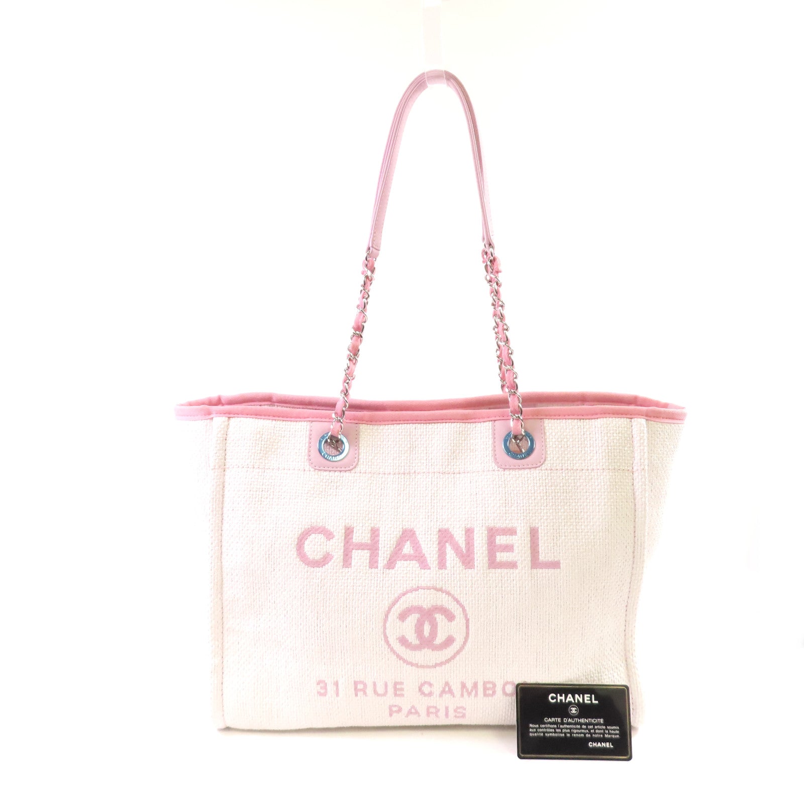 CHANEL 帆布Deauville Tote Bag銀扣鏈帶肩背袋白色/粉紅色