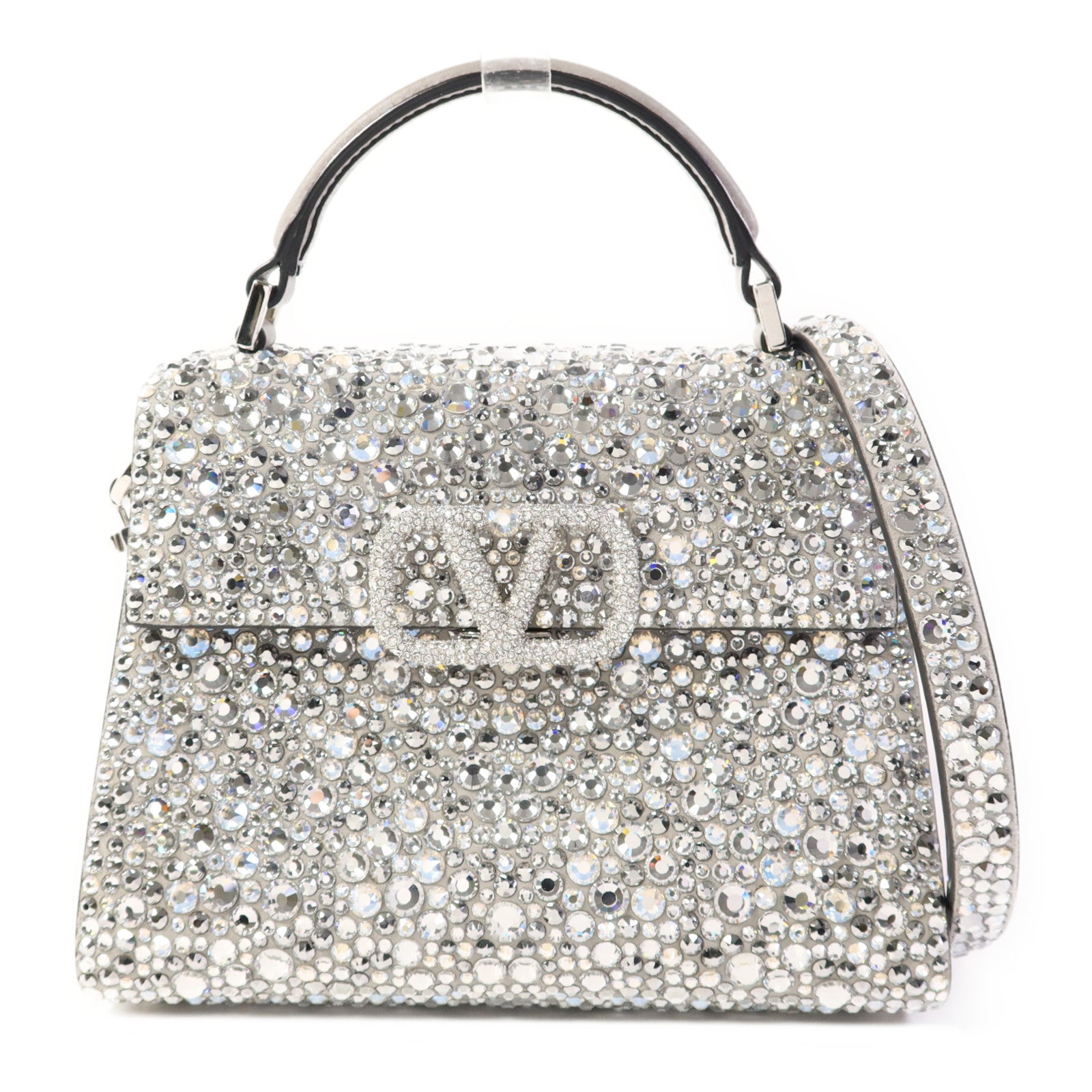 Valentino 牛皮皮革/水晶2 Way Shoulder Bag銀扣手挽肩背兩用袋