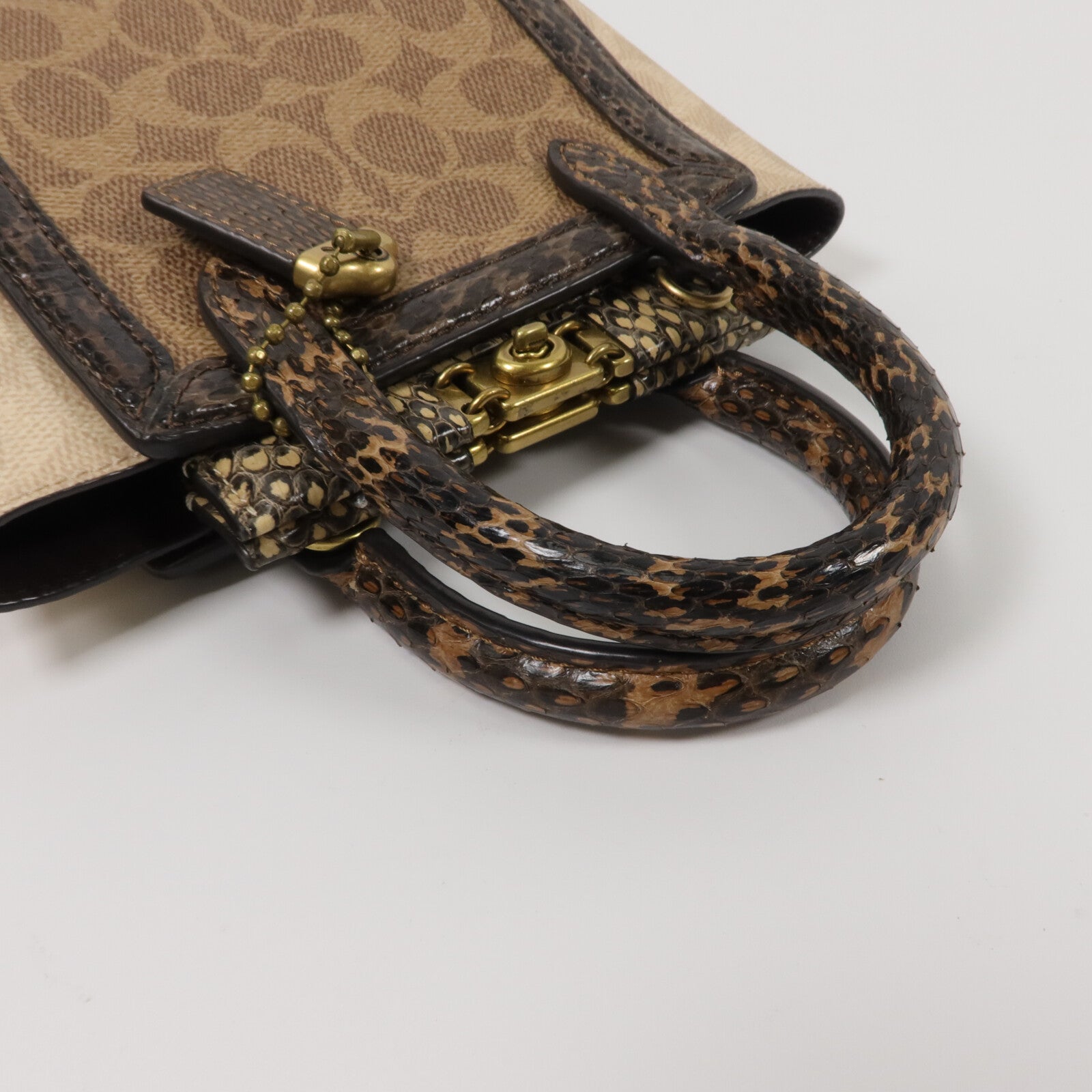COACH 塗層帆布/蛇皮皮革Troupe Tote 16手挽肩背兩用袋