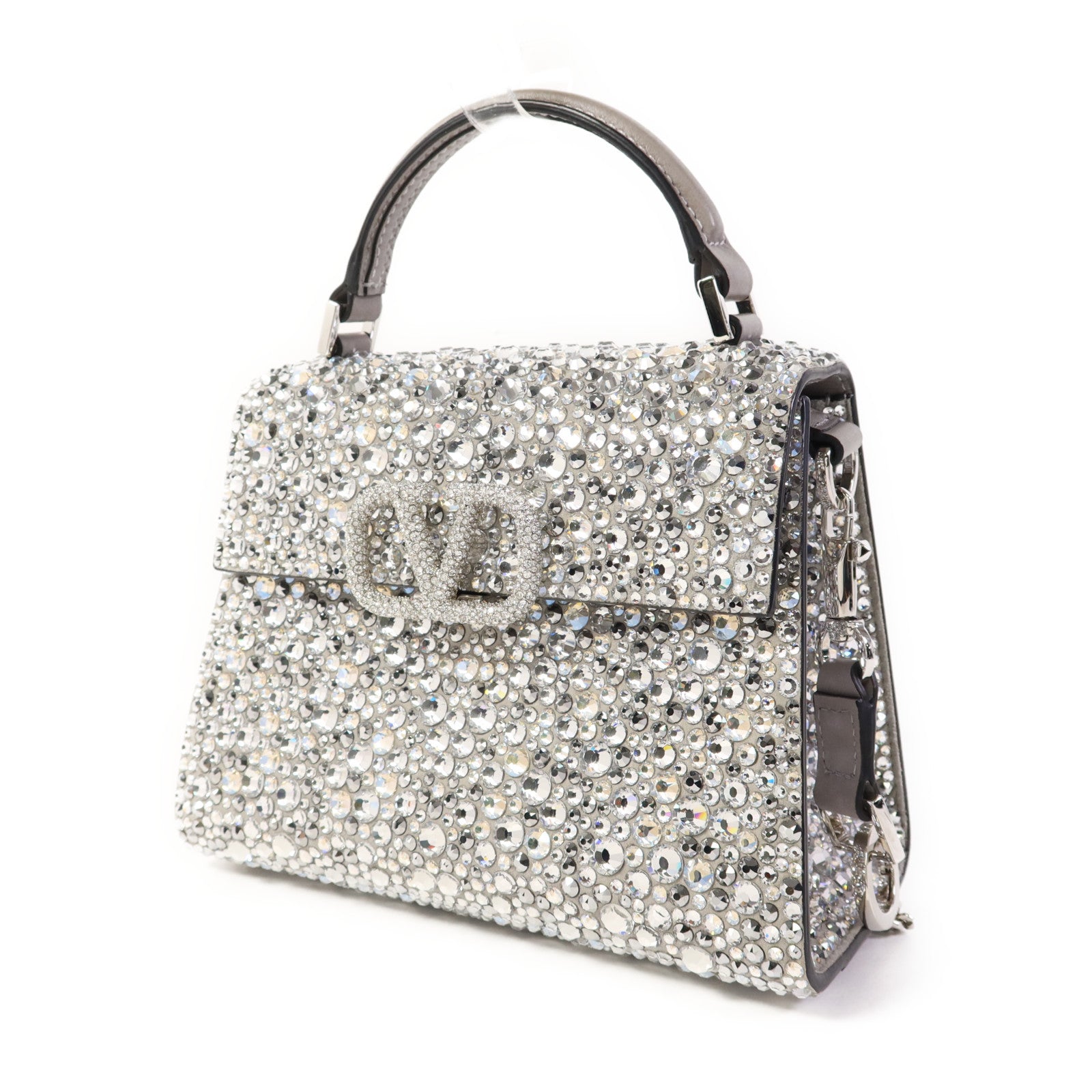 Valentino 牛皮皮革/水晶2 Way Shoulder Bag銀扣手挽肩背兩用袋