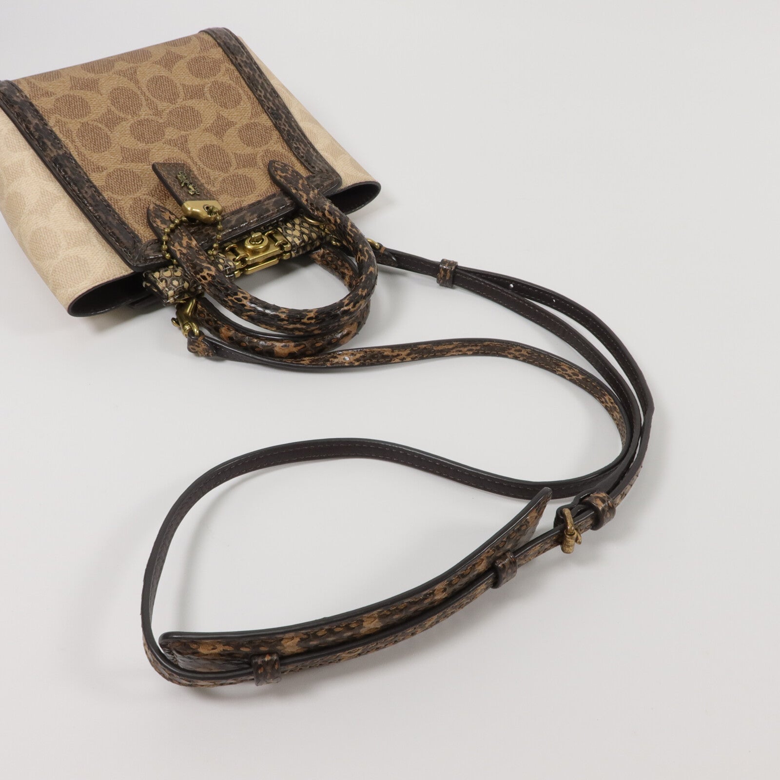 COACH 塗層帆布/蛇皮皮革Troupe Tote 16手挽肩背兩用袋