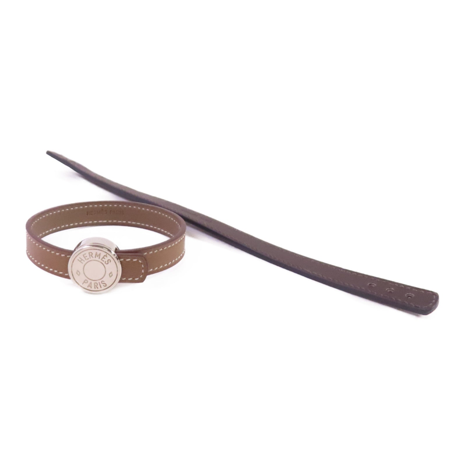 HERMES Swift皮革/金屬Looping Bracelet銀扣手鏈Etoupe大象灰色/Chocolate朱古力色