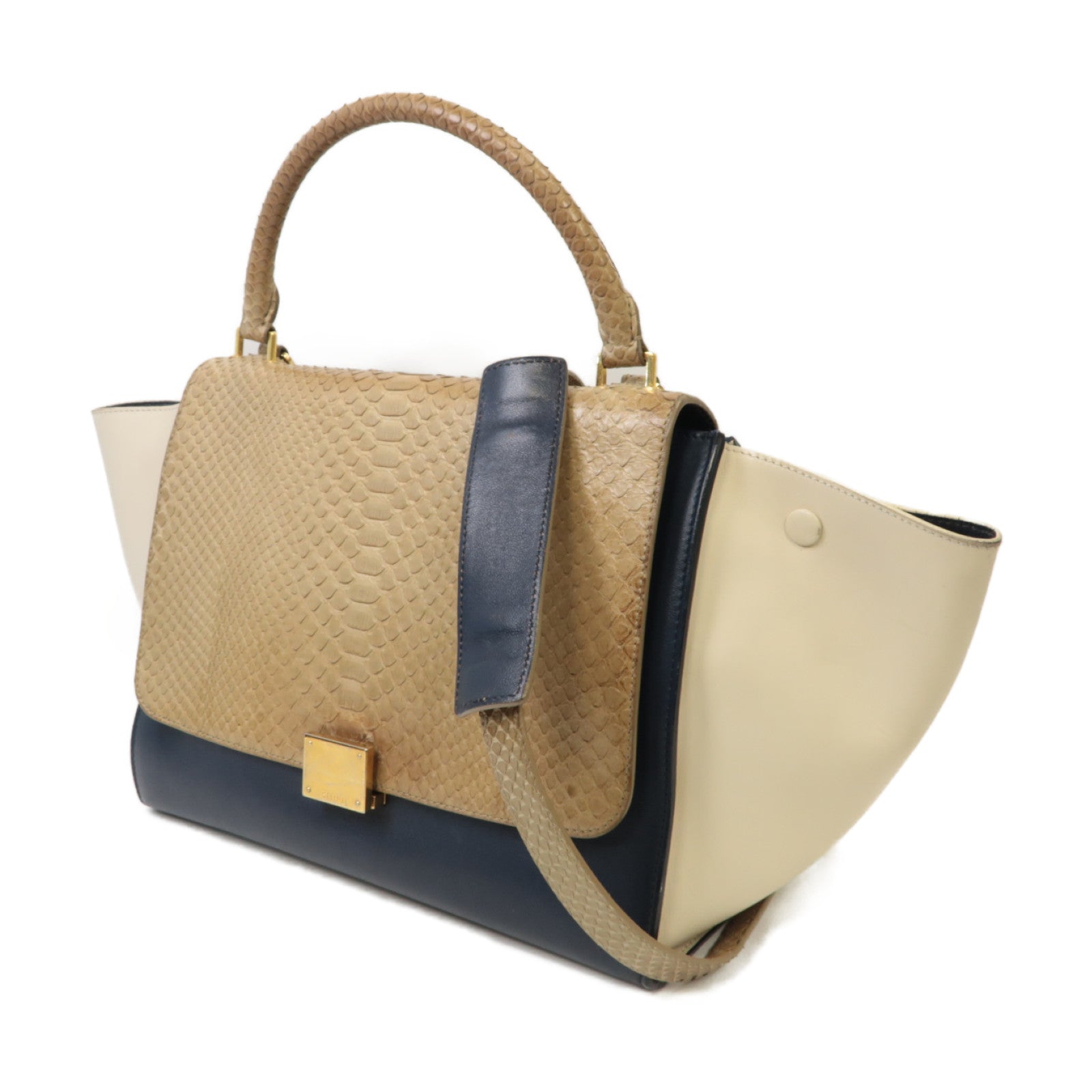 CELINE 【激減優惠】牛皮皮革/蛇皮皮革Trapeze 2 Way Shoulder金扣手挽肩背兩用袋深藍色/白色/淺啡色