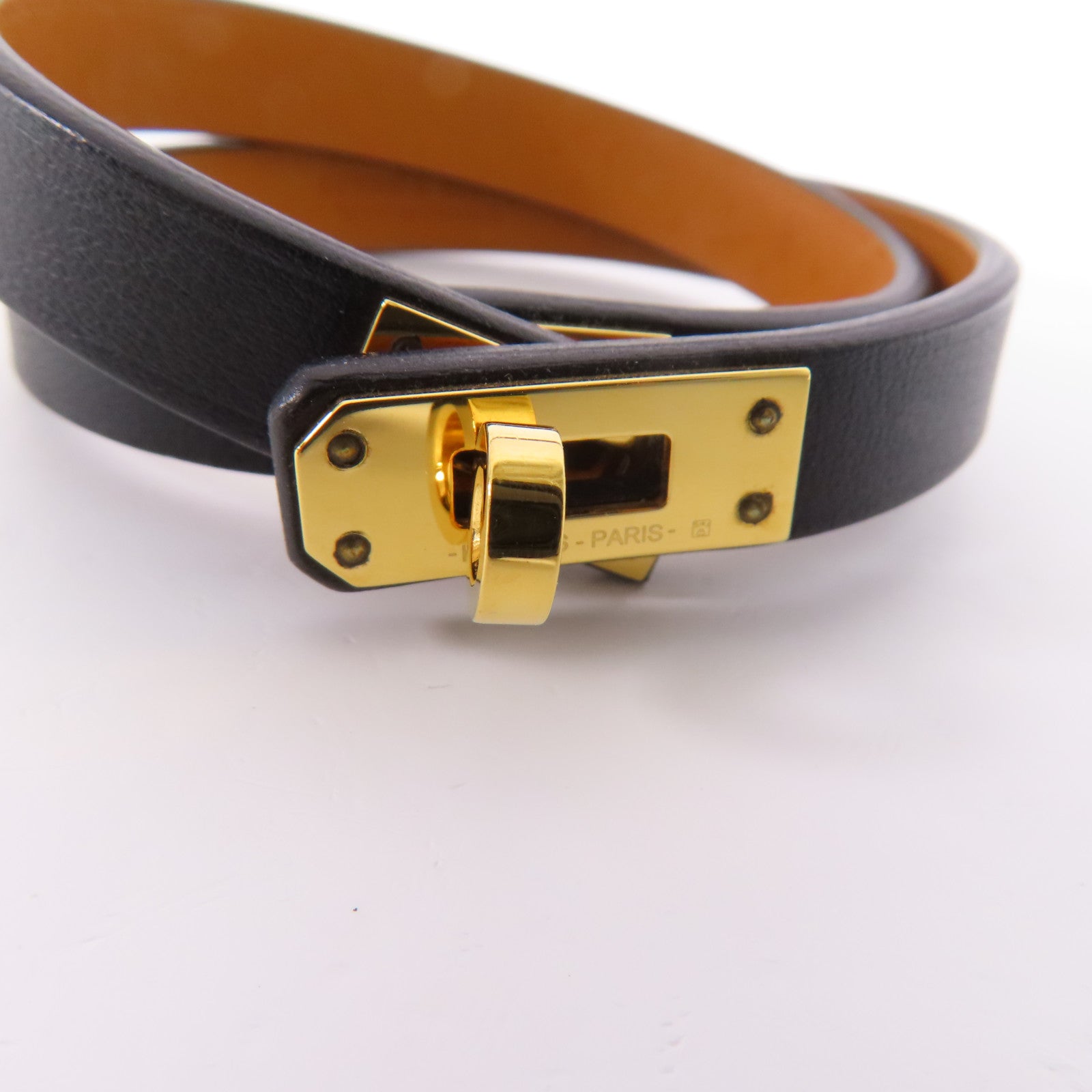 HERMES GHW Mini Kelly Double Tour Bracelet Calfskin Leather Black Noir