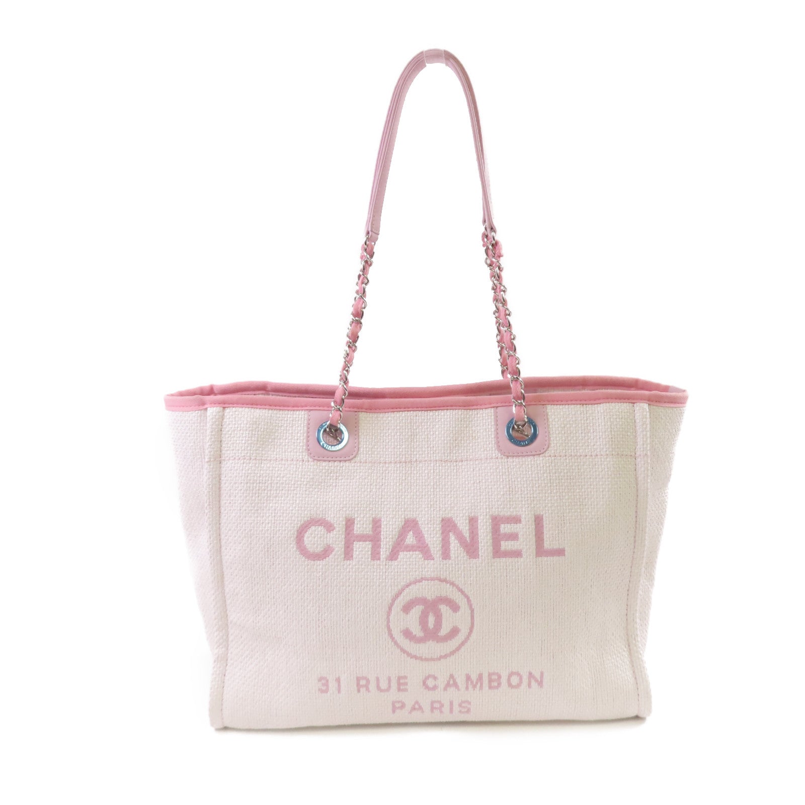 CHANEL 帆布Deauville Tote Bag銀扣鏈帶肩背袋白色/粉紅色