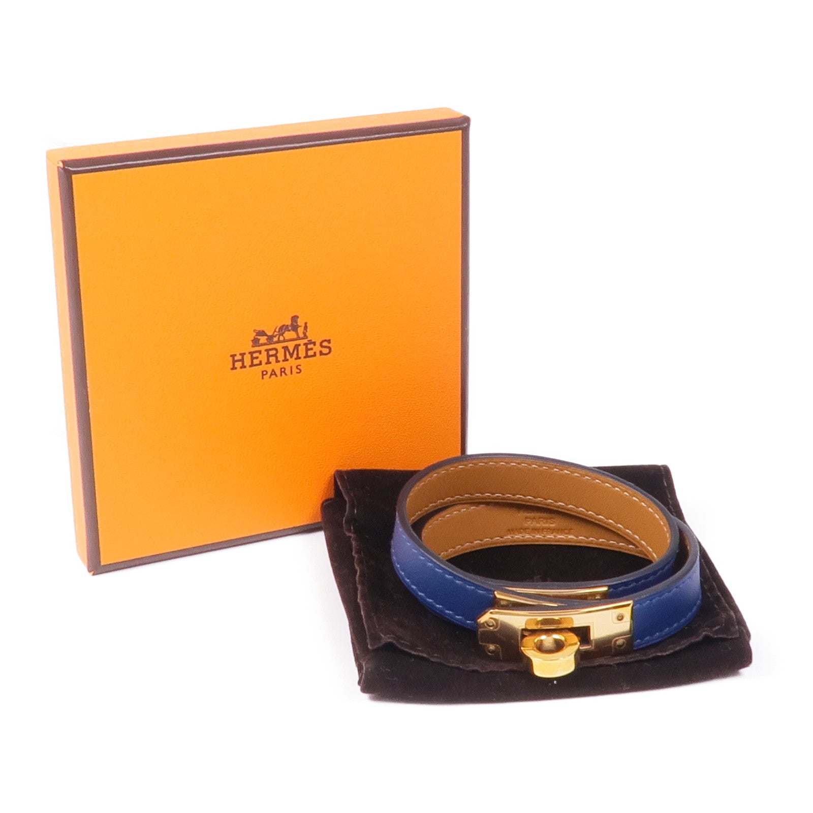 HERMES Swift皮革Kelly Double Tour Bracelet手鏈S7 Bleu De Galice
