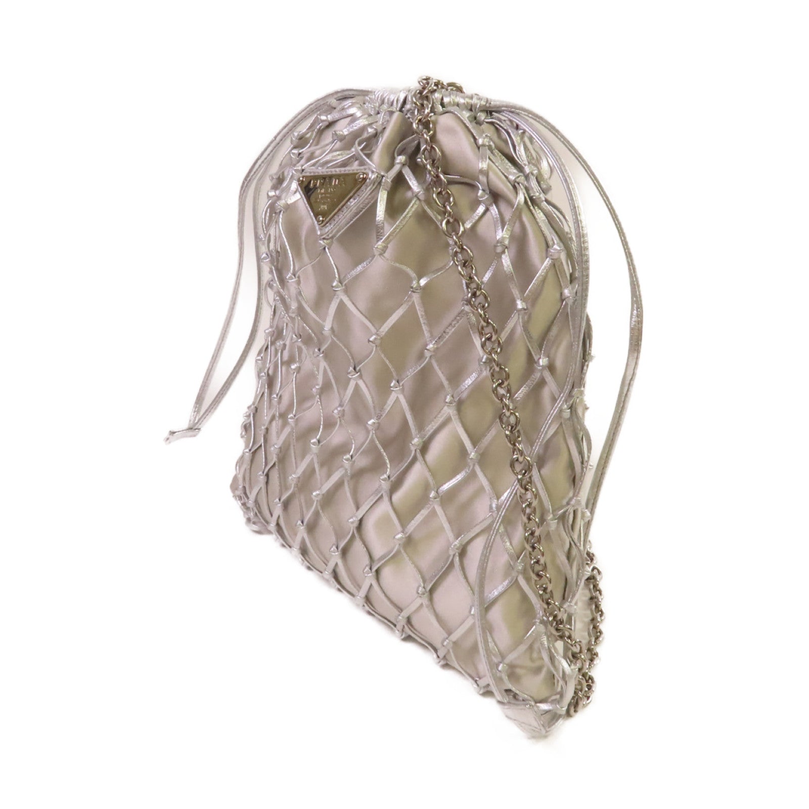 PRADA 緞製/網格Mesh Chain Shoulder Bag鏈帶肩背袋銀色