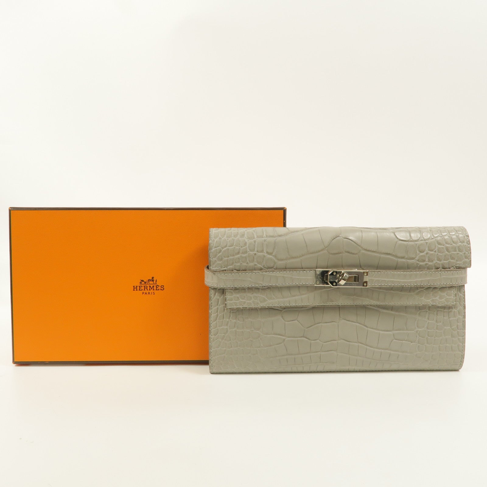 HERMES Alligator Matte皮革Kelly Wallet長錢包Gris Perle