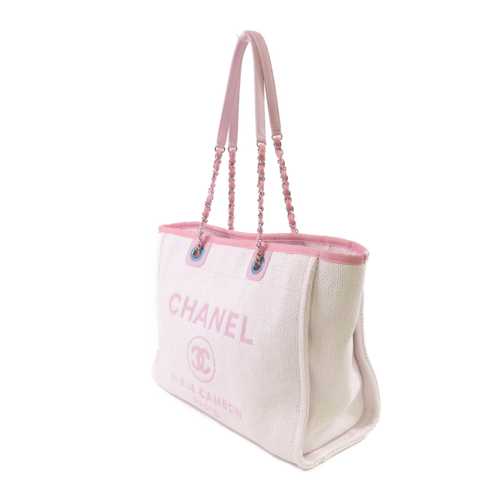 CHANEL 帆布Deauville Tote Bag銀扣鏈帶肩背袋白色/粉紅色