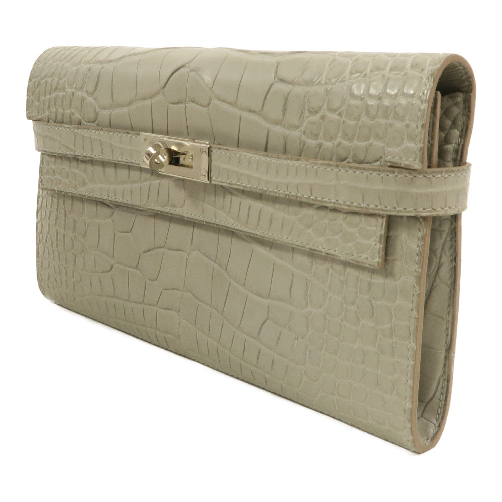 HERMES Alligator Matte皮革Kelly Wallet長錢包Gris Perle