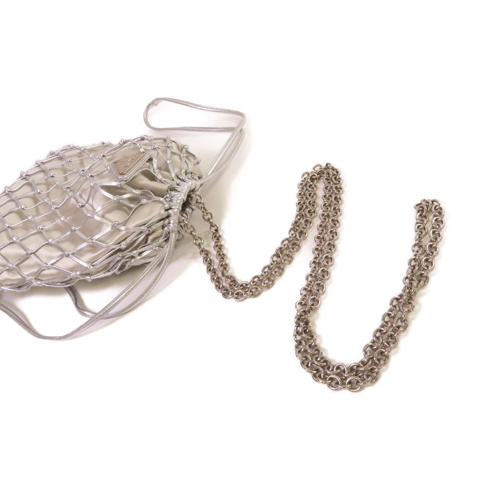 PRADA 緞製/網格Mesh Chain Shoulder Bag鏈帶肩背袋銀色