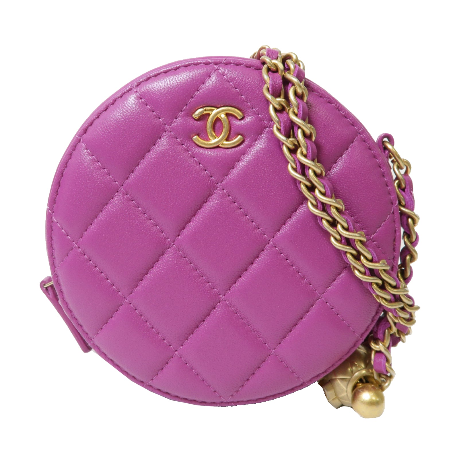 CHANEL 【激減優惠】菱格羊皮皮革Round Chain Shoulder Bag金扣鏈帶肩背袋紫色