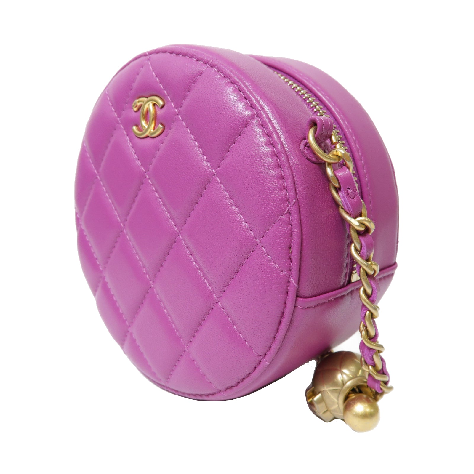 CHANEL 【激減優惠】菱格羊皮皮革Round Chain Shoulder Bag金扣鏈帶肩背袋紫色