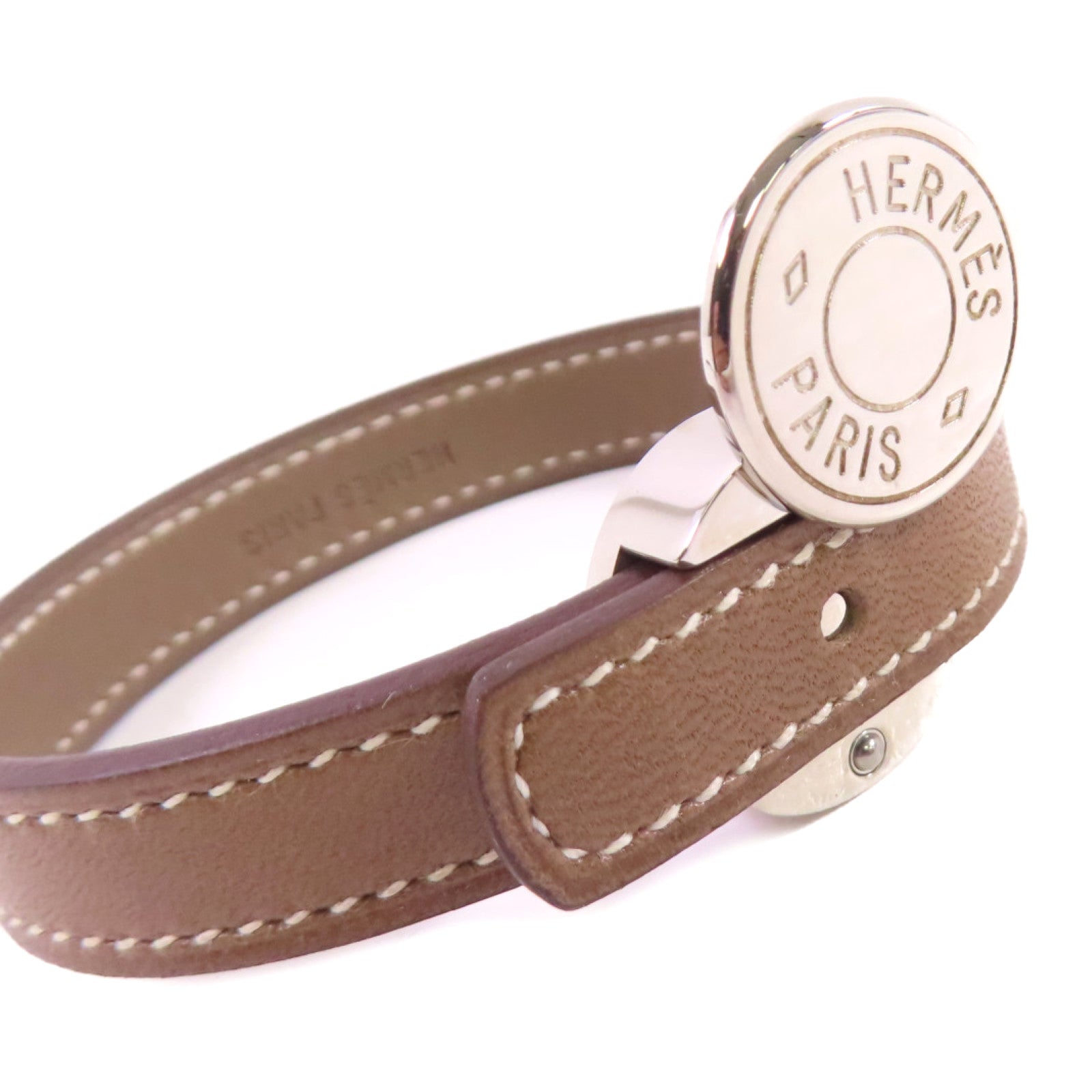 HERMES Swift皮革/金屬Looping Bracelet銀扣手鏈Etoupe大象灰色/Chocolate朱古力色