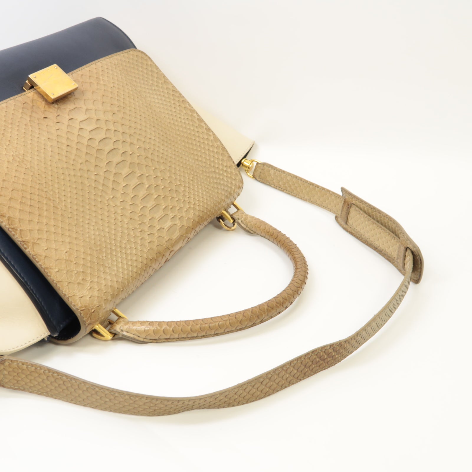 CELINE 【激減優惠】牛皮皮革/蛇皮皮革Trapeze 2 Way Shoulder金扣手挽肩背兩用袋深藍色/白色/淺啡色