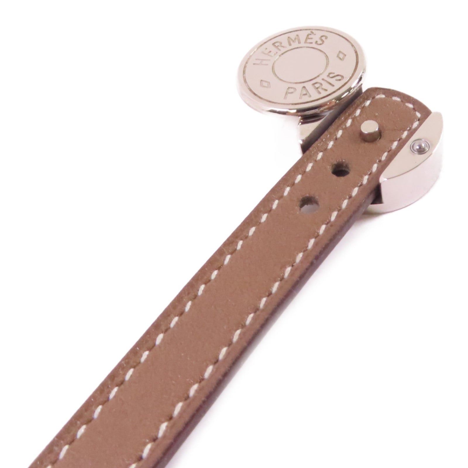 HERMES Swift皮革/金屬Looping Bracelet銀扣手鏈Etoupe大象灰色/Chocolate朱古力色