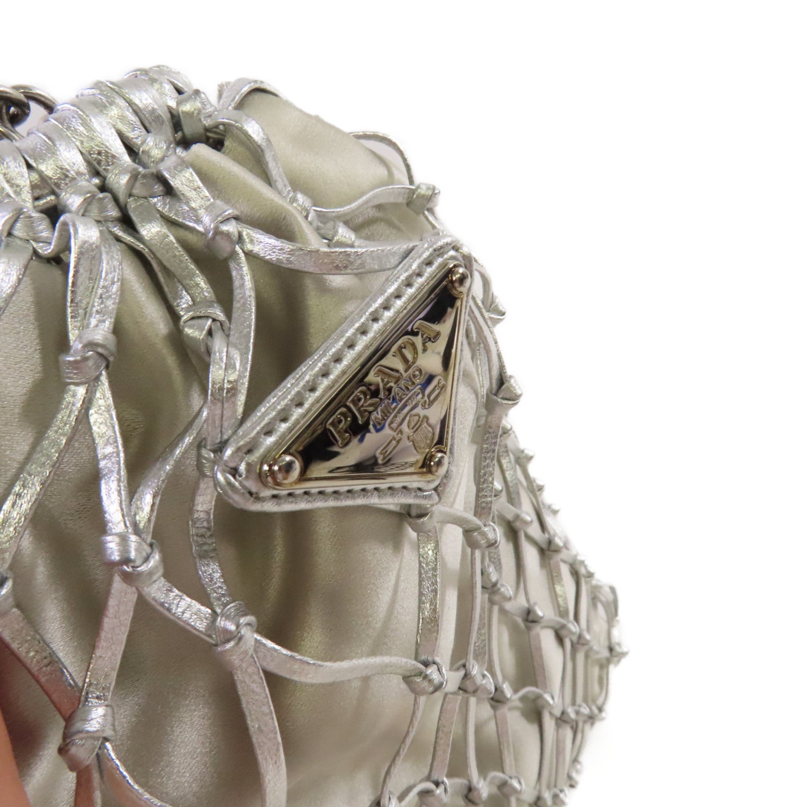 PRADA 緞製/網格Mesh Chain Shoulder Bag鏈帶肩背袋銀色