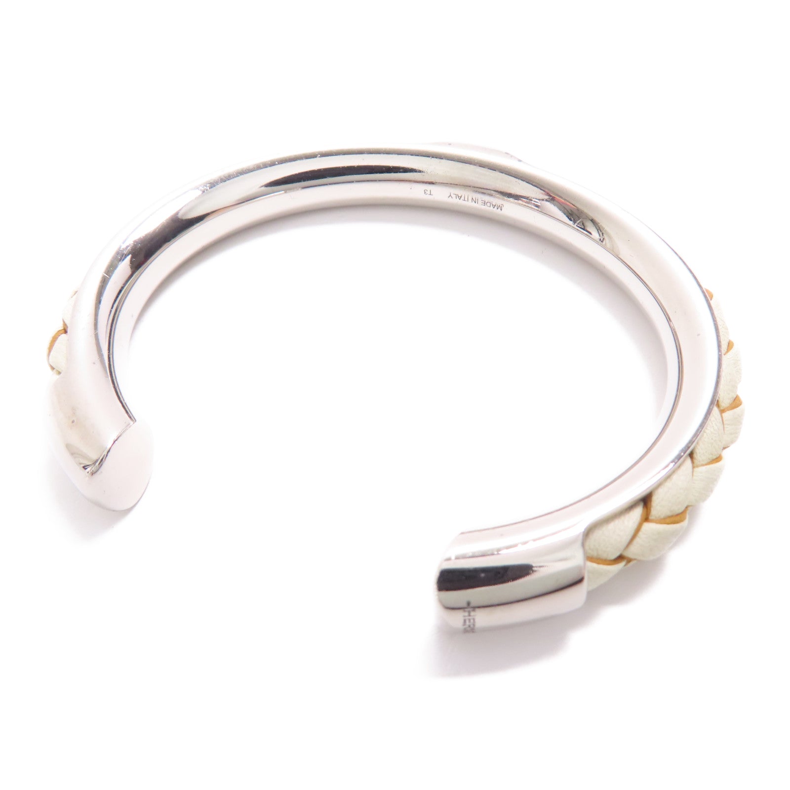 HERMES Kyoto Tresse T3 Bangle Metal Swift Leather White/Silver