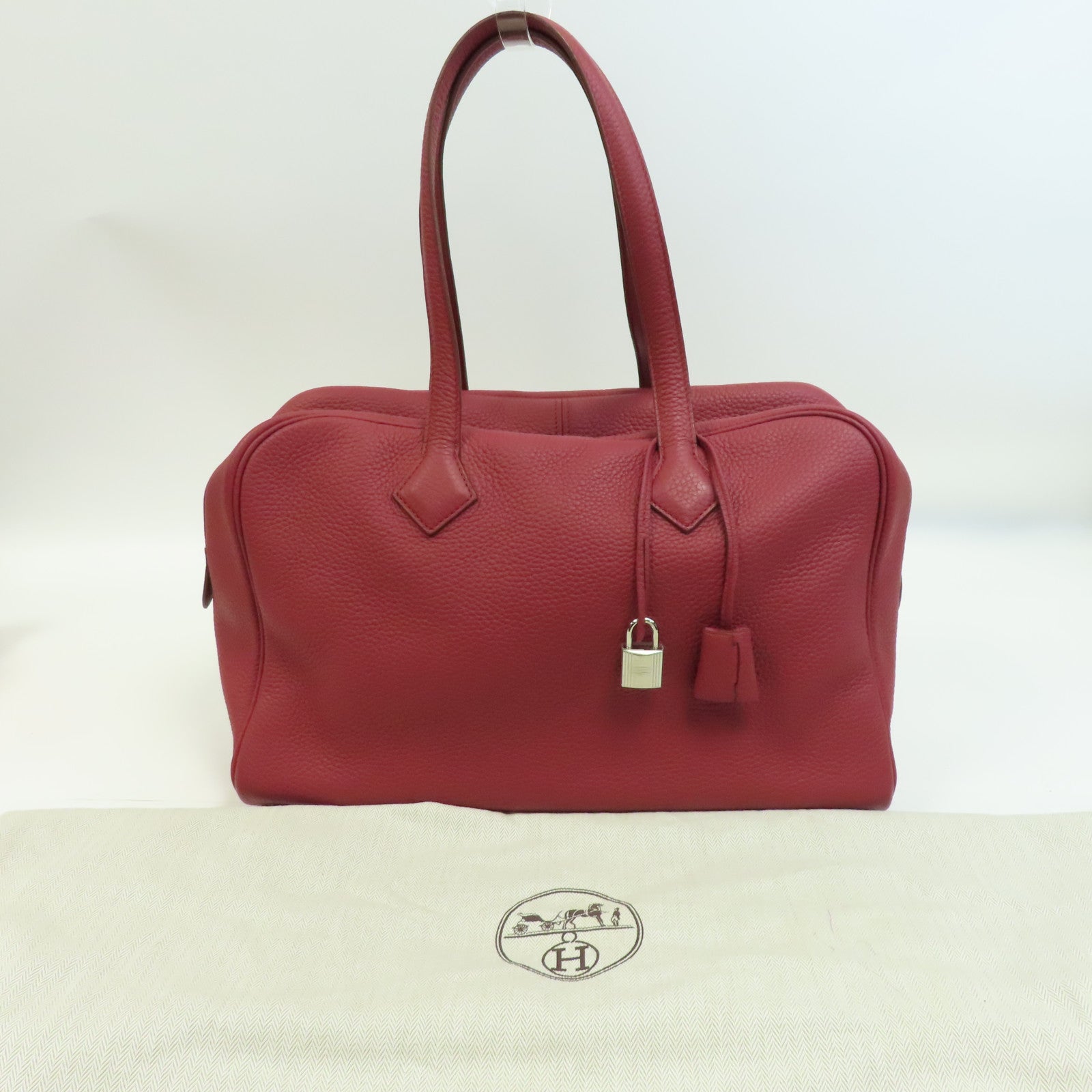 HERMES Clemence皮革Victoria 35銀扣手挽袋紅色