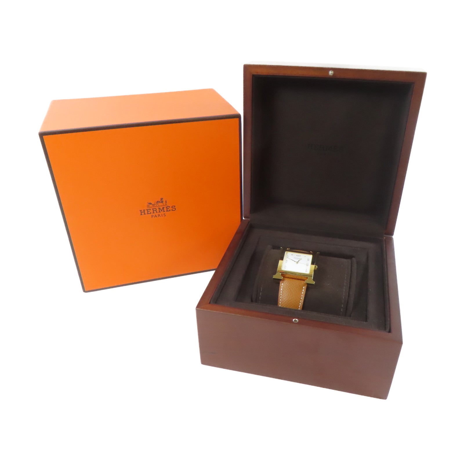 HERMES 皮革/不鏽鋼H watch手錶白色#18cm