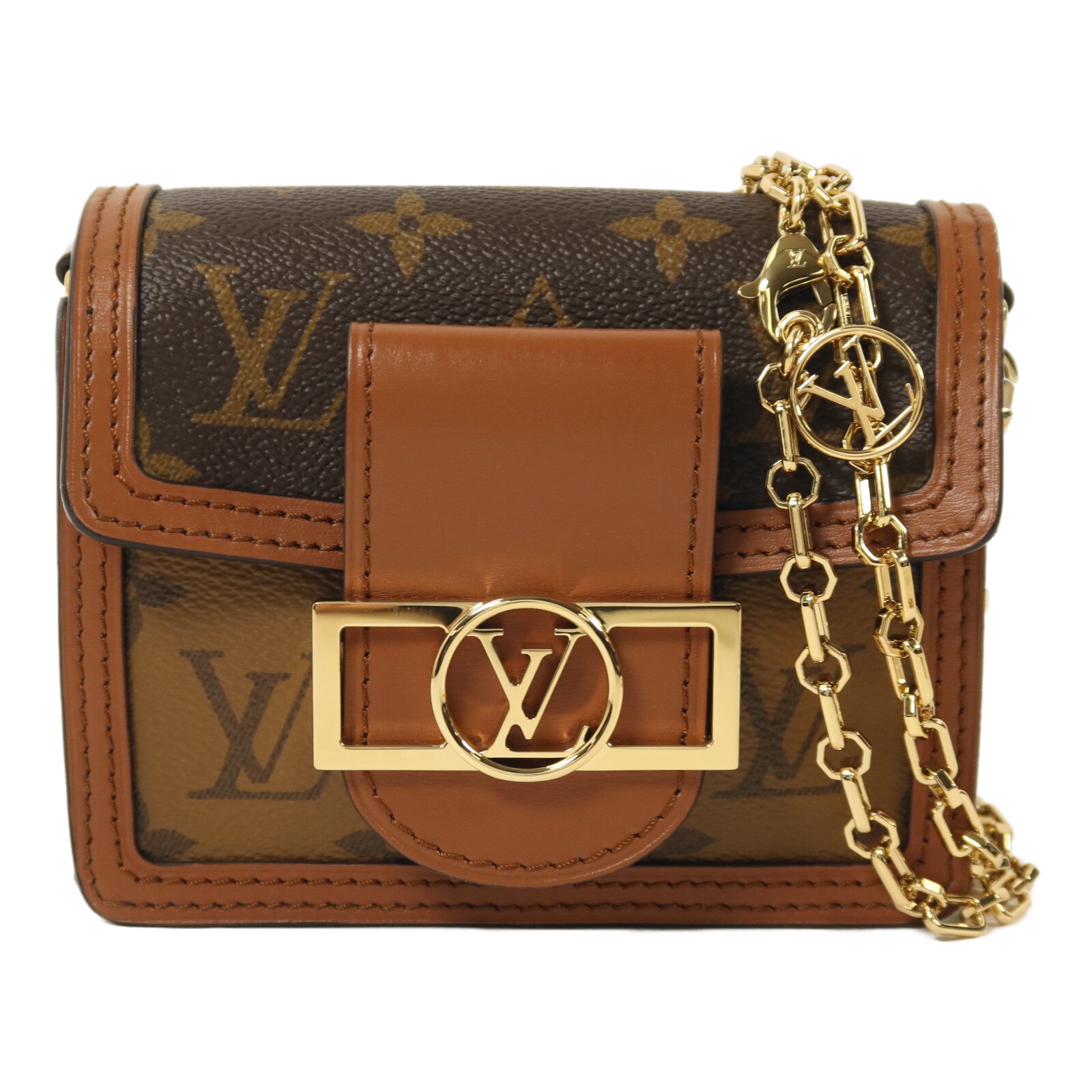 LOUIS VUITTON Monogram/Monogram Reverse Micro Dauphine金扣鏈帶肩背袋棕色