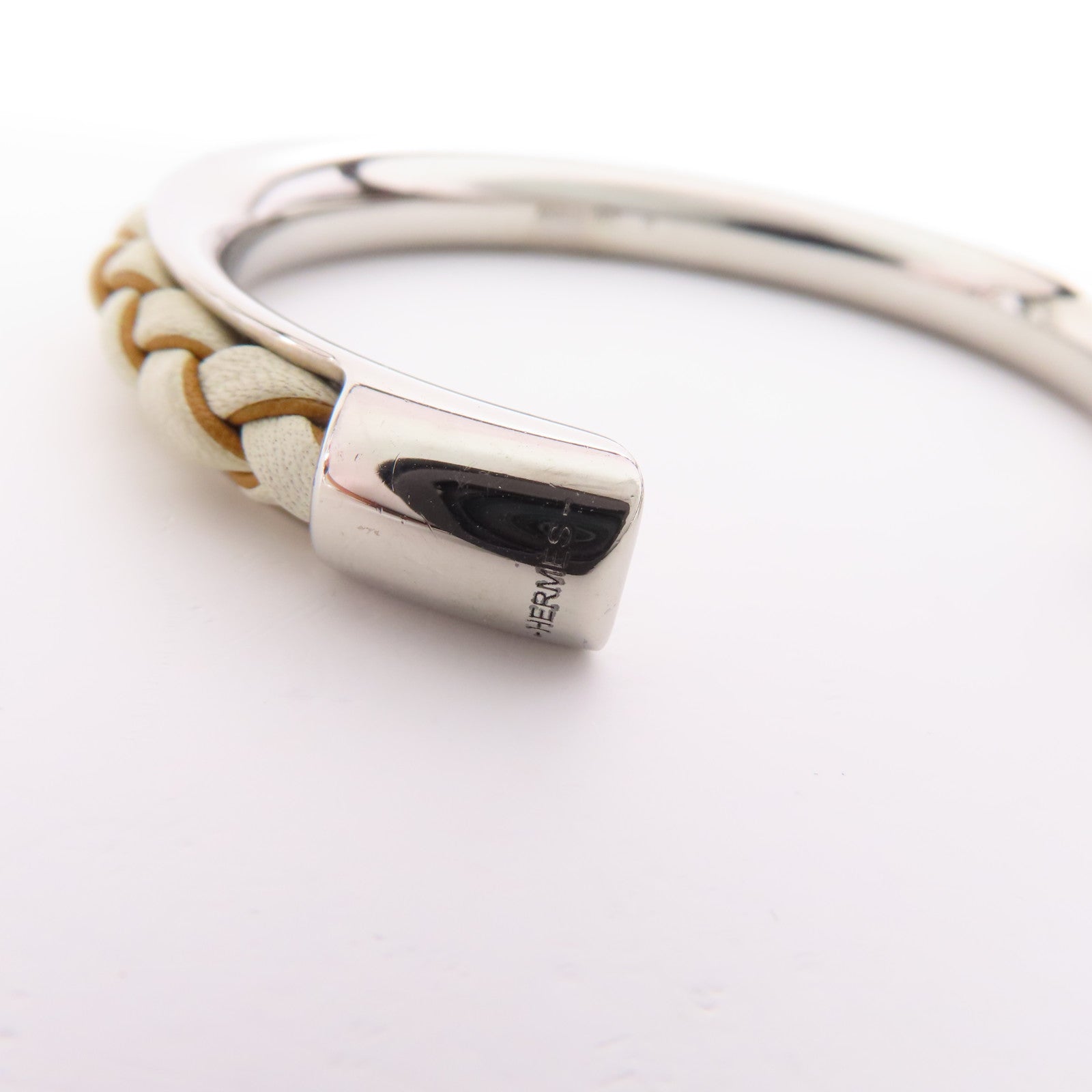 HERMES Kyoto Tresse T3 Bangle Metal Swift Leather White/Silver