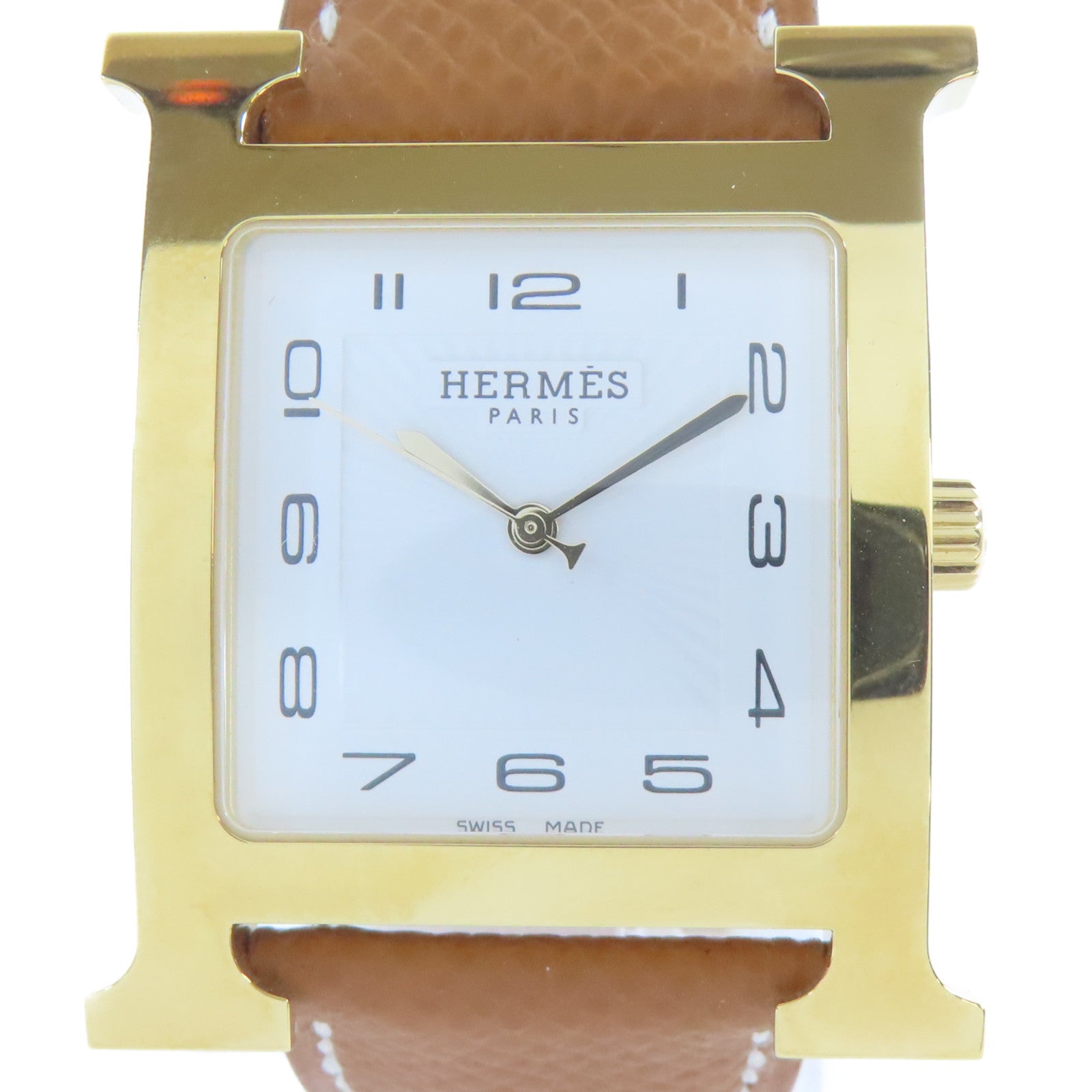 HERMES 皮革/不鏽鋼H watch手錶白色#18cm