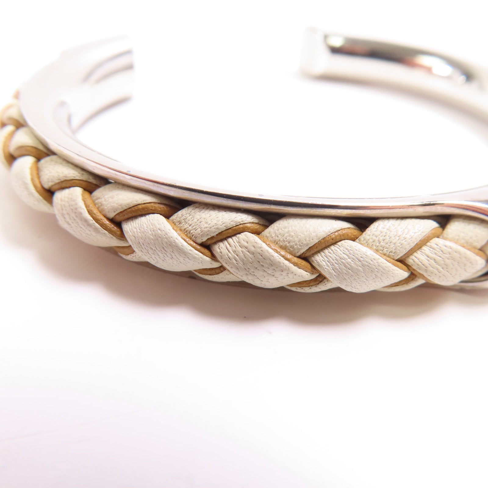 HERMES Kyoto Tresse T3 Bangle Metal Swift Leather White/Silver